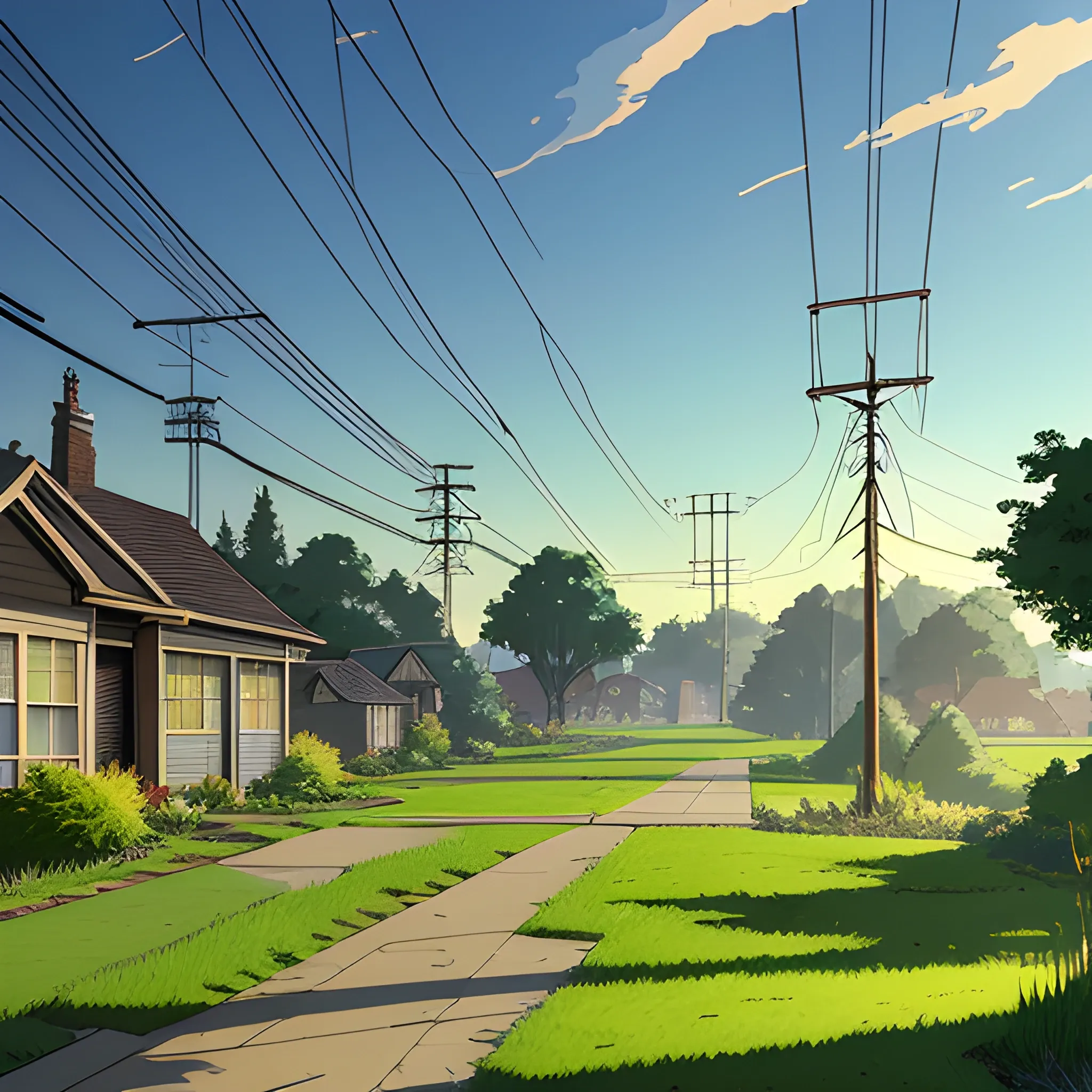 suburb, large yard with greenery, a small path, grasses and some houses in the distance, electric poles and glimmers of sunlight... in the style of makoto shinkai and greg rutkowski and albert bierstadt and james gurney, Cartoon