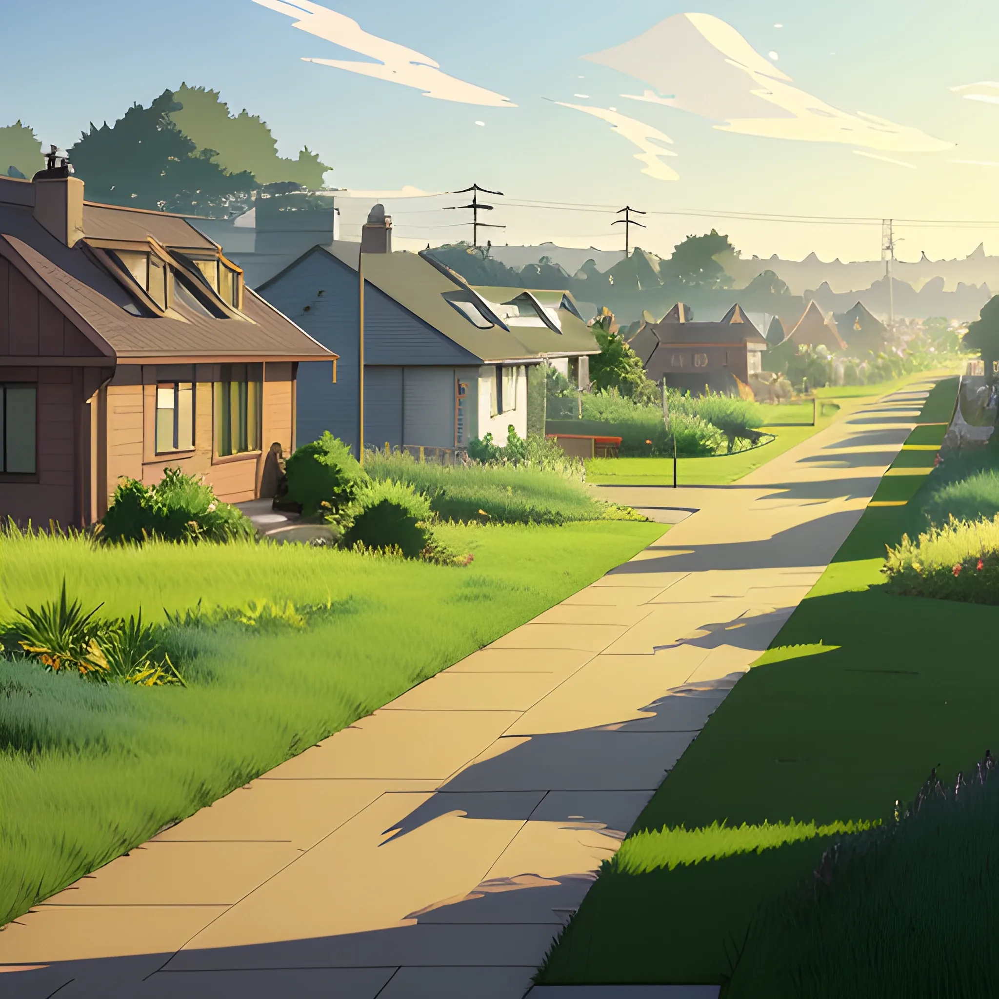 suburb, large yard with greenery, a small path, grasses and some houses in the distance, electric poles and glimmers of sunlight... in the style of makoto shinkai and greg rutkowski and albert bierstadt and james gurney, Cartoon