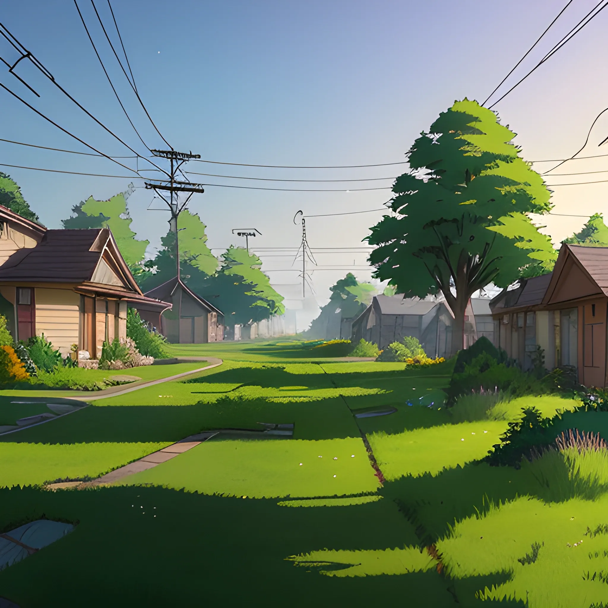 suburb, large yard with greenery, a small path, grasses and some houses in the distance, electric poles and glimmers of sunlight... in the style of makoto shinkai and greg rutkowski and albert bierstadt and james gurney, Cartoon