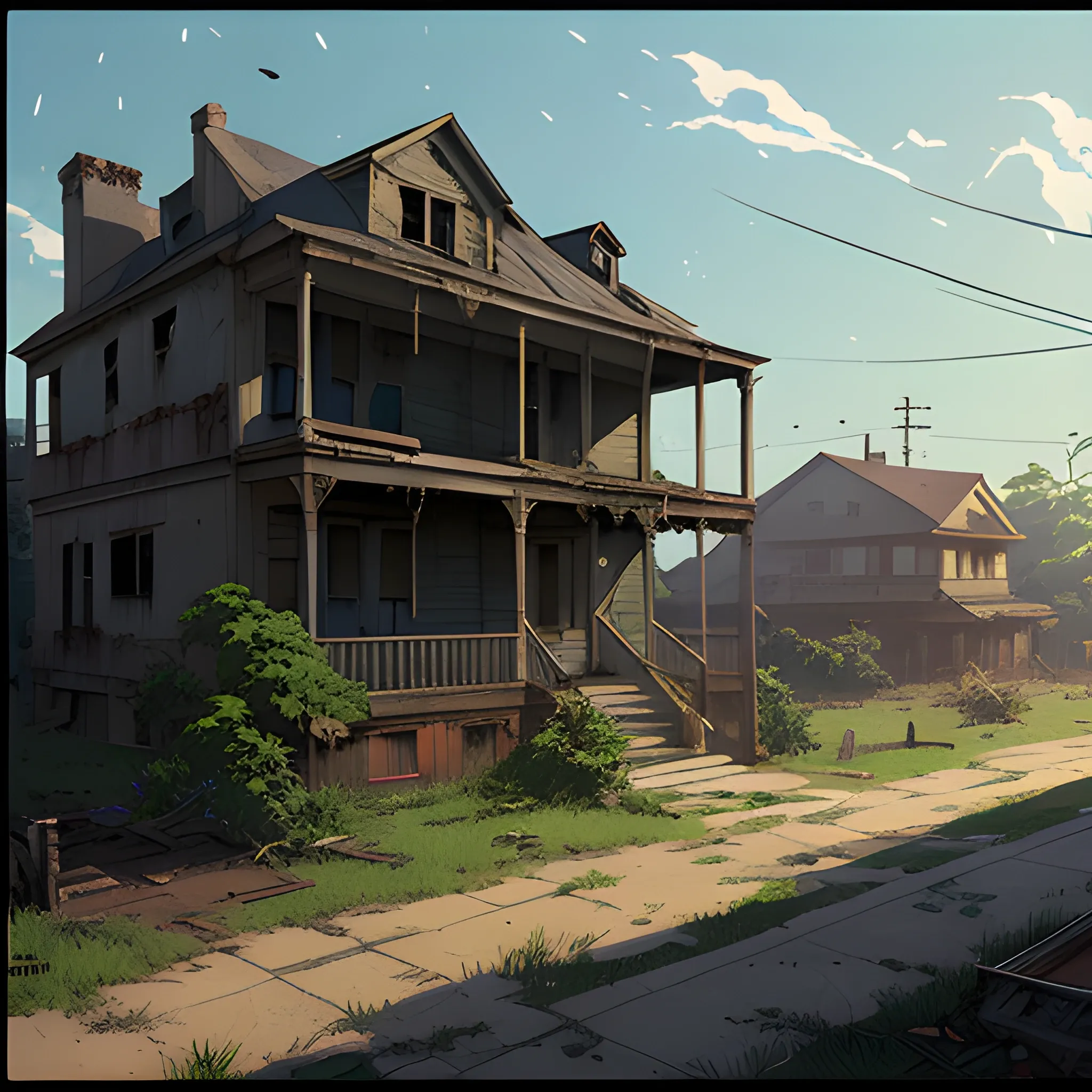 front of view of an old dilapidated houses... in the style of makoto shinkai and greg rutkowski and albert bierstadt and james gurney, Cartoon