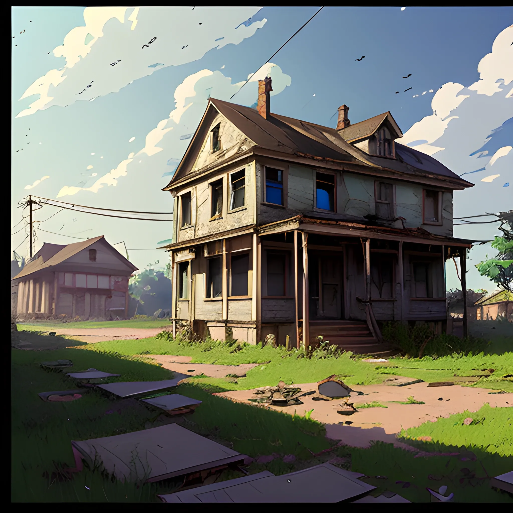 front of view of an old dilapidated houses... in the style of makoto shinkai and greg rutkowski and albert bierstadt and james gurney, Cartoon