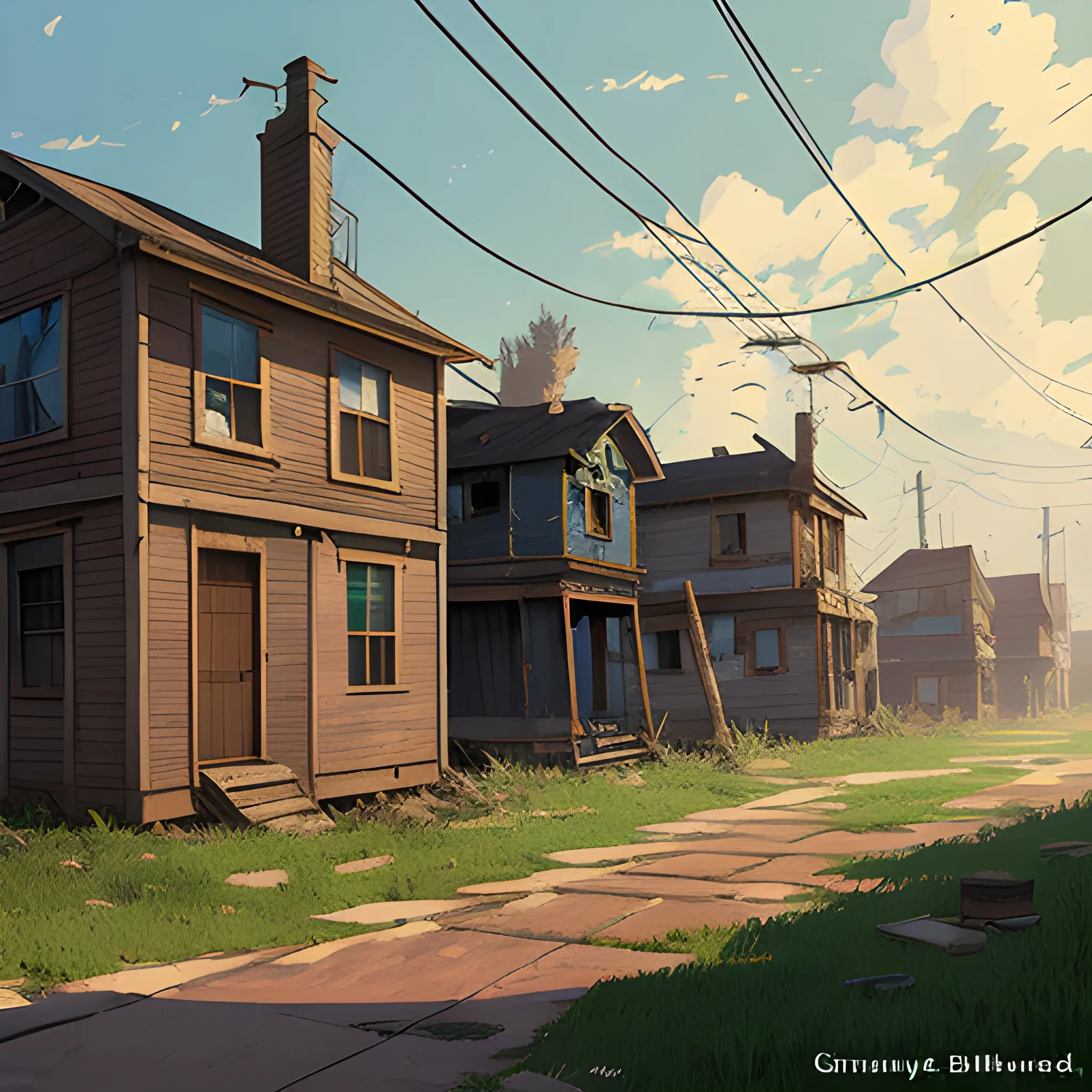 front of view of an old dilapidated plank houses... in the style of makoto shinkai and greg rutkowski and albert bierstadt and james gurney, Cartoon