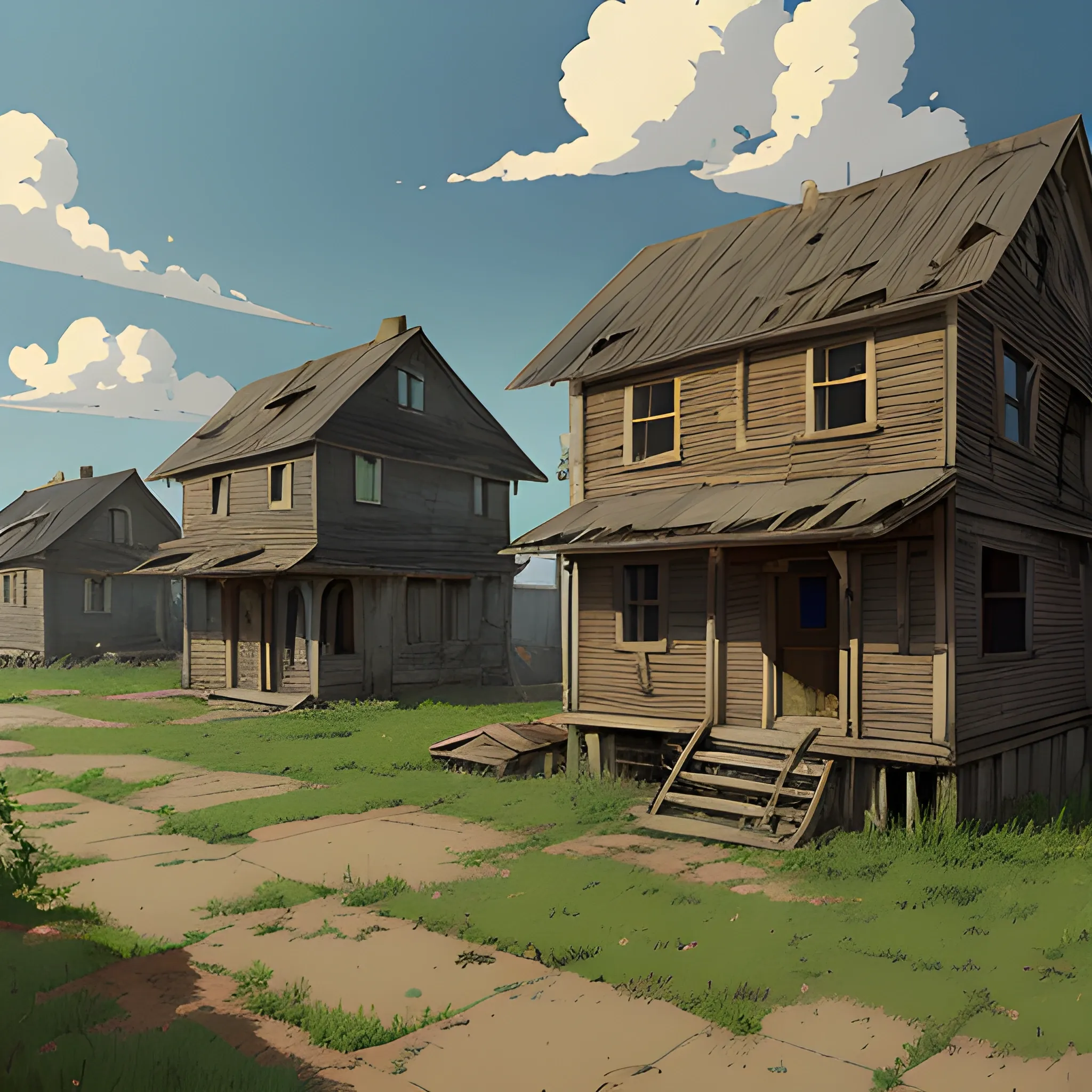 front of view of an old dilapidated plank houses... in the style of makoto shinkai and greg rutkowski and albert bierstadt and james gurney, Cartoon