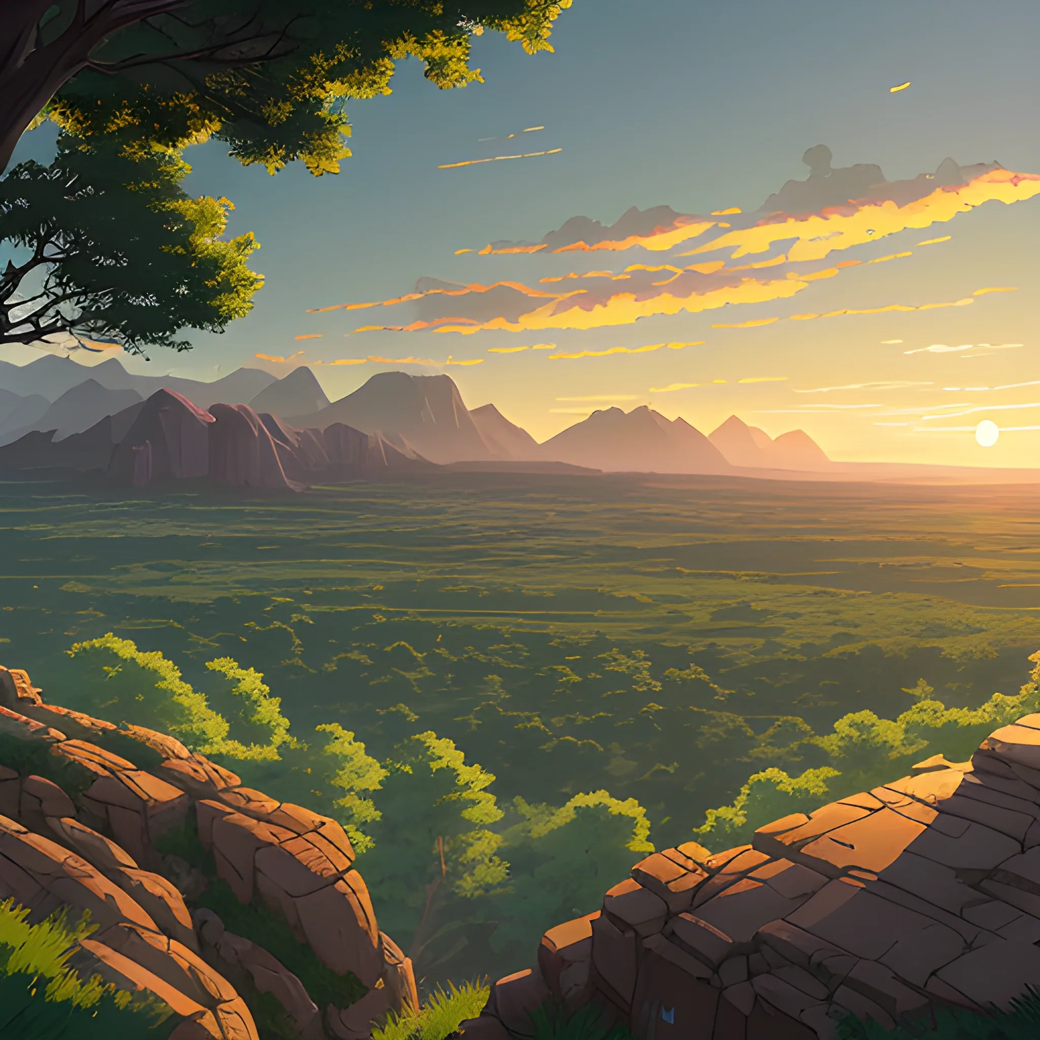 view above a wide landscape with trees, distant mountains, greenery, rocks and a sunset sky... in the style of makoto shinkai and greg rutkowski and albert bierstadt and james gurney, Cartoon