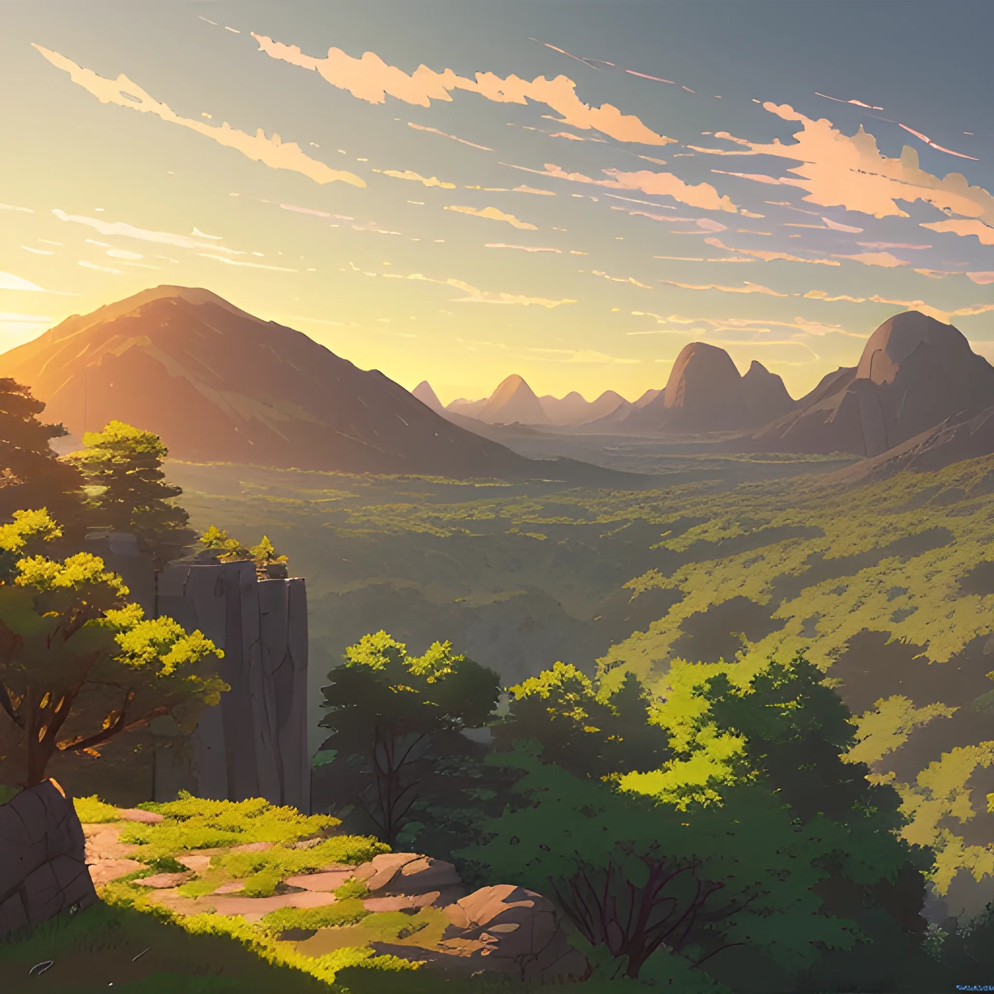 view above a wide landscape with trees, distant mountains, greenery, rocks and a sunset sky... in the style of makoto shinkai and greg rutkowski and albert bierstadt and james gurney, Cartoon