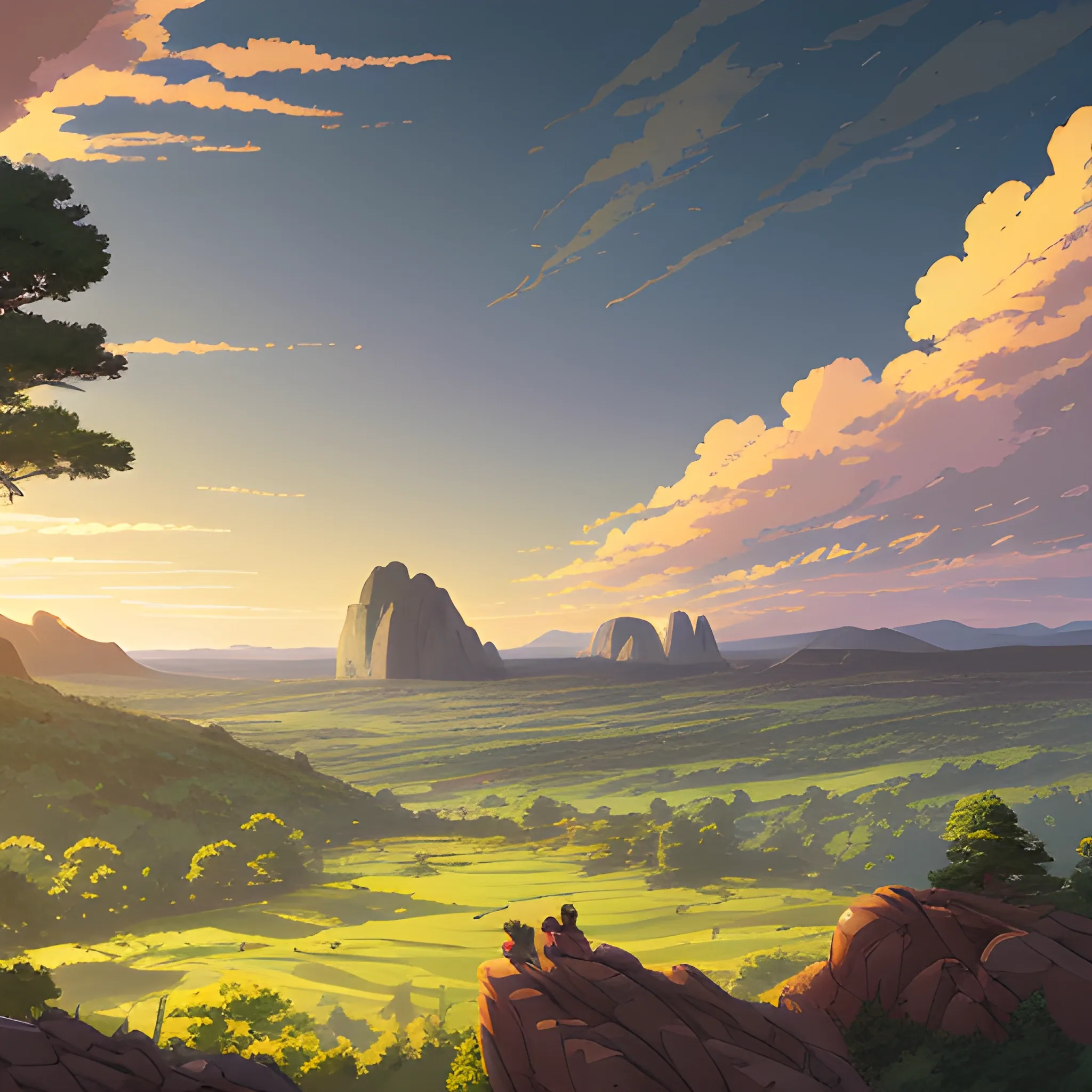 view above a wide landscape with trees, distant mountains, greenery, rocks and a sunset sky... in the style of makoto shinkai and greg rutkowski and albert bierstadt and james gurney, Cartoon