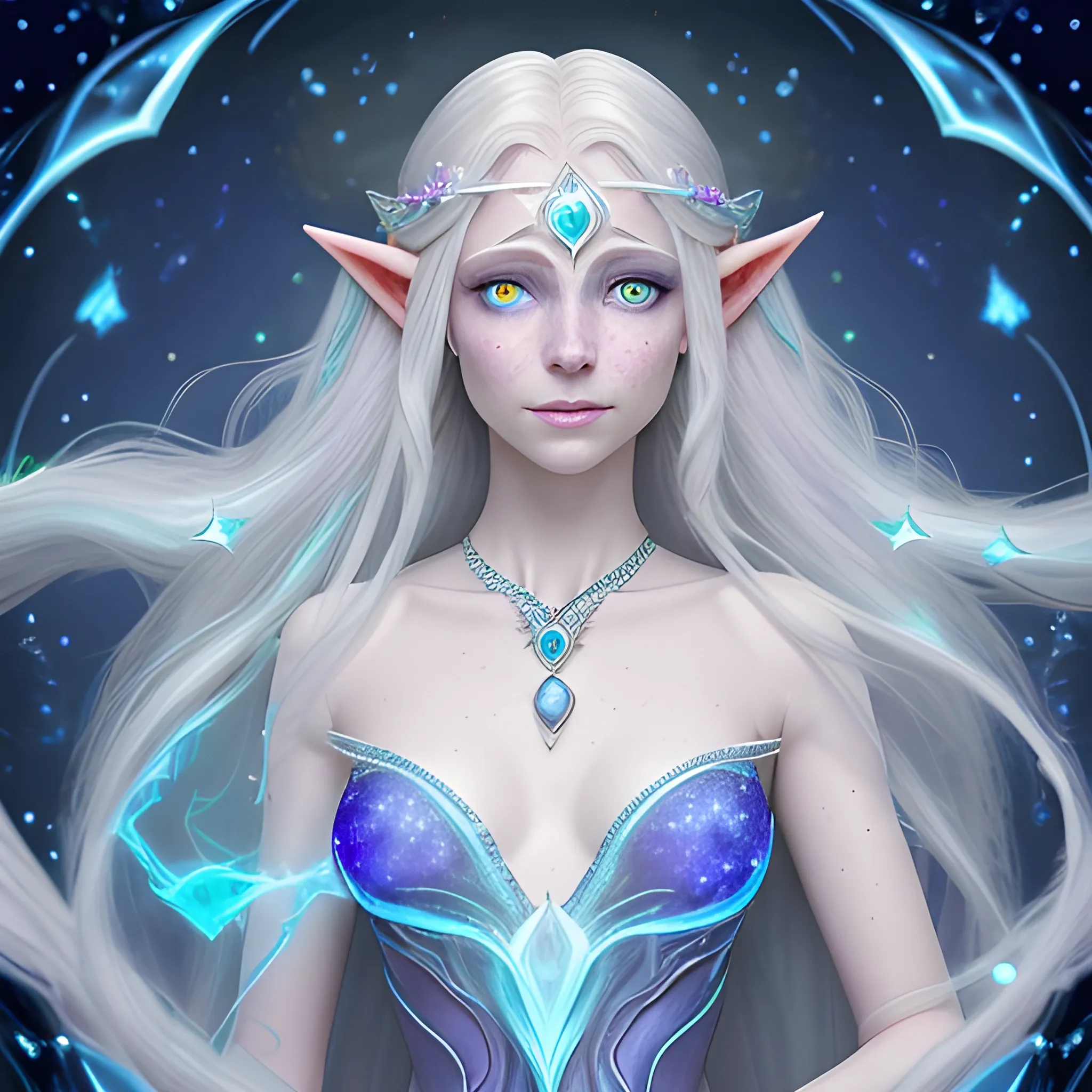 Nova has the ethereal beauty of an Astral Elf, with skin that shimmers with a faint, silvery
glow. If someone looks closely, they can see golden freckles scattered across her cheeks.
These freckles form patterns that resemble constellations. Her hair is platinum blond
and flows down her back, and her eyes are a deep shade of sapphire blue with a starry
gleam in them, that is common for an astral elf’s eyes. She wears flowing robes in the
shade of midnight blue and silver and around her neck hangs the opal-like crystal that is
now embedded in a necklace that the centaurs helped her making it.