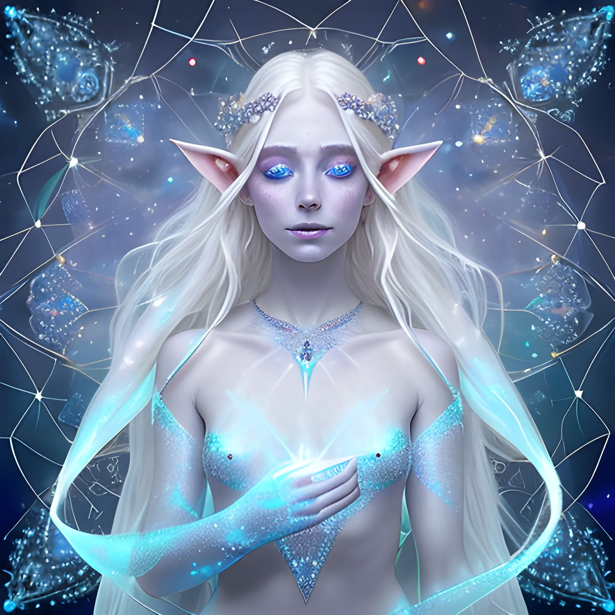 ethereal beauty of an Astral Elf
 with skin that shimmers with a faint, silvery glow
golden freckles scattered across her cheeks.
These freckles form patterns that resemble constellations. Her hair is long and platinum blond
her eyes are a deep shade of sapphire blue with a starry
gleam in them
wears flowing robes in the shade of midnight blue and silver  around her neck hangs the opal-like crystal 