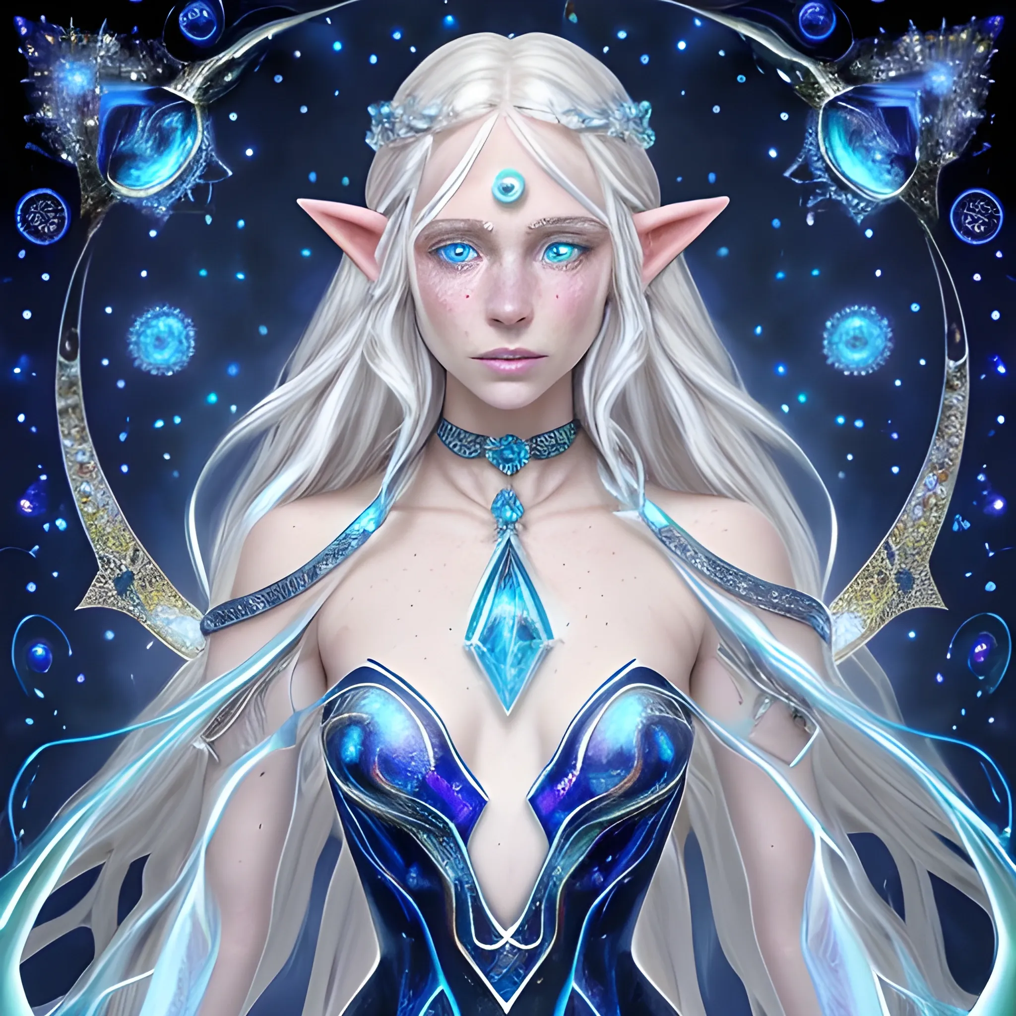 Astral Elf
skin that shimmers with a faint, silvery glow
golden freckles across her cheeks.
 freckles form patterns that resemble constellations.
 Her hair is long and platinum blond
her eyes are a dark shade of sapphire blue with a starry
gleam in them
wears  flowing robes in the shade of midnight blue and silver highlights and around her neck hangs the opal-like crystal in embedded in leather.