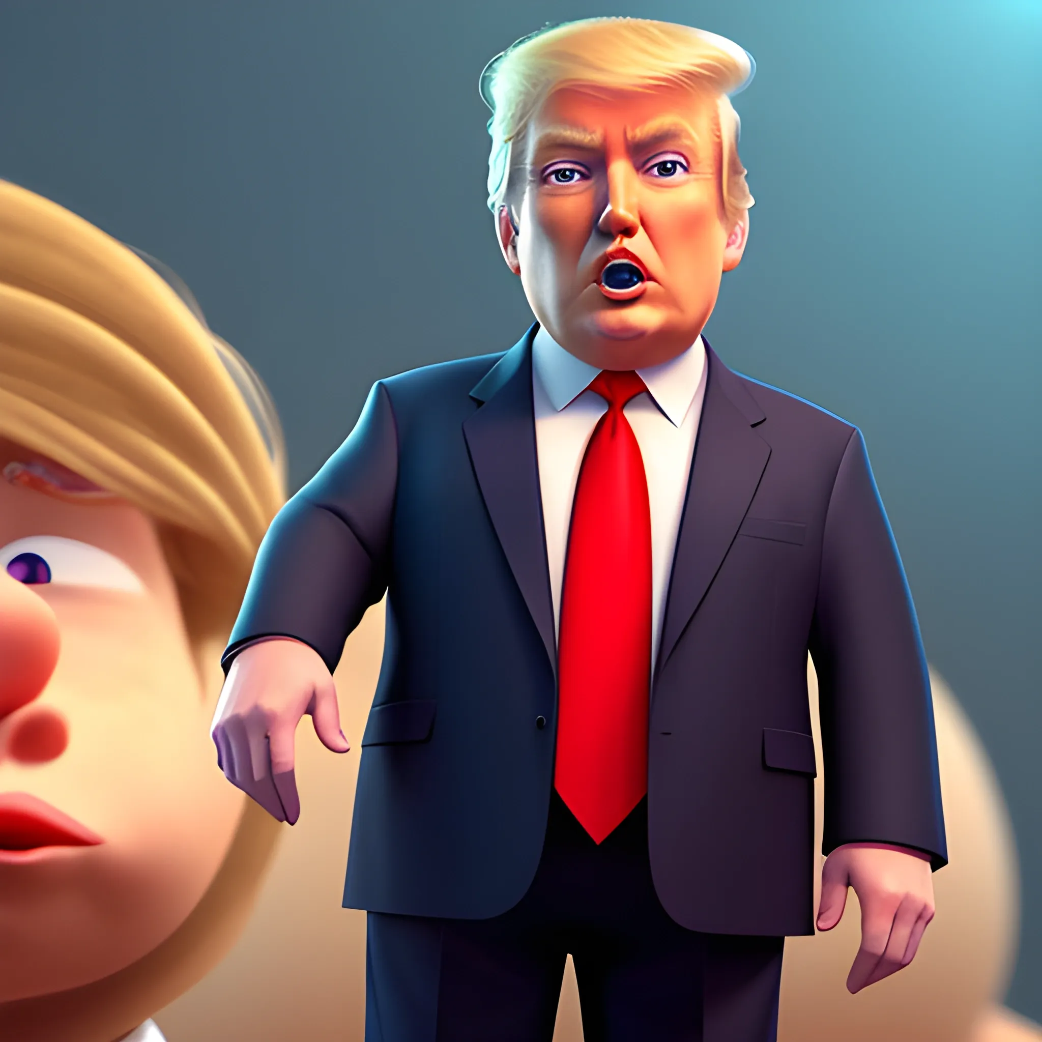 screenshot of Donald Trump in costume in a pixar movie. 3 d rendering. unreal engine. amazing likeness. very detailed. cartoon caricature, 