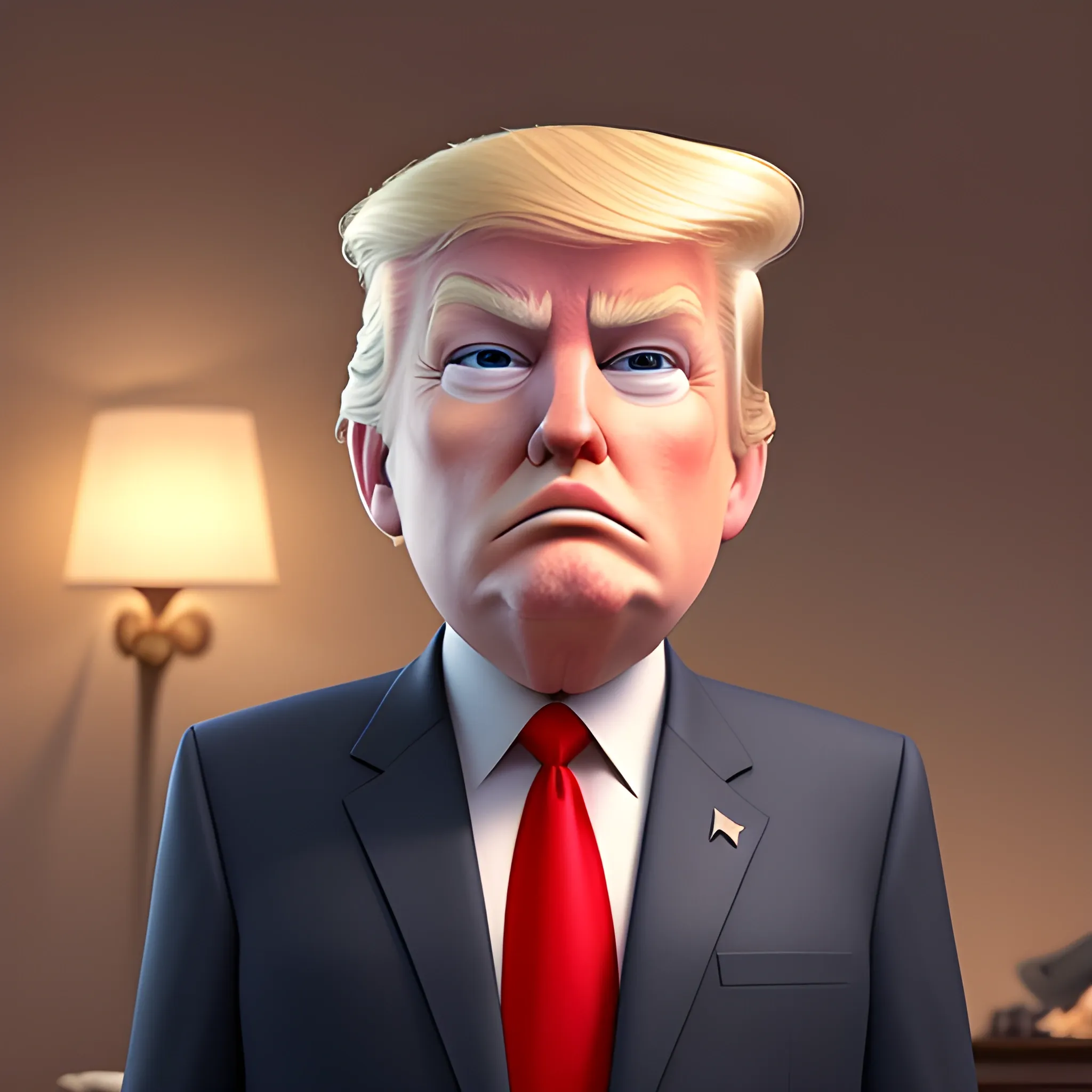 screenshot of Donald Trump in costume in a pixar movie. 3 d rendering. unreal engine. amazing likeness. very detailed. cartoon caricature, 