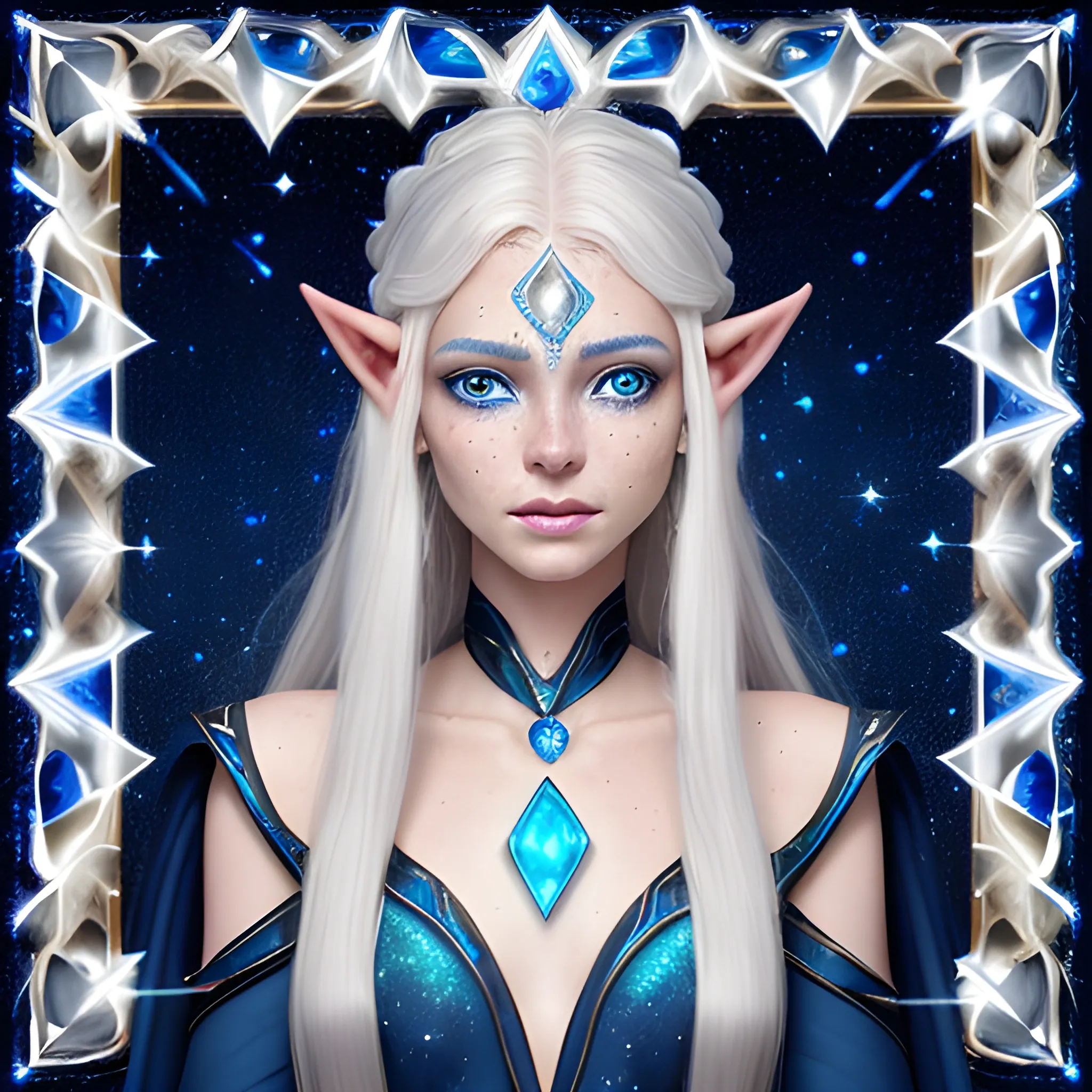 Astral Elf
skin that shimmers with a faint, silvery glow
nothing on her forehead
 golden freckles form patterns that resemble constellations.
 Her hair is long and platinum blond,
her eyes are a dark shade of sapphire blue with a starry
gleam in them
wears  flowing robes  in the shade of midnight blue and silver highlights and around her neck hangs the opal-like crystal in embedded in brown leather.
background just one colour
