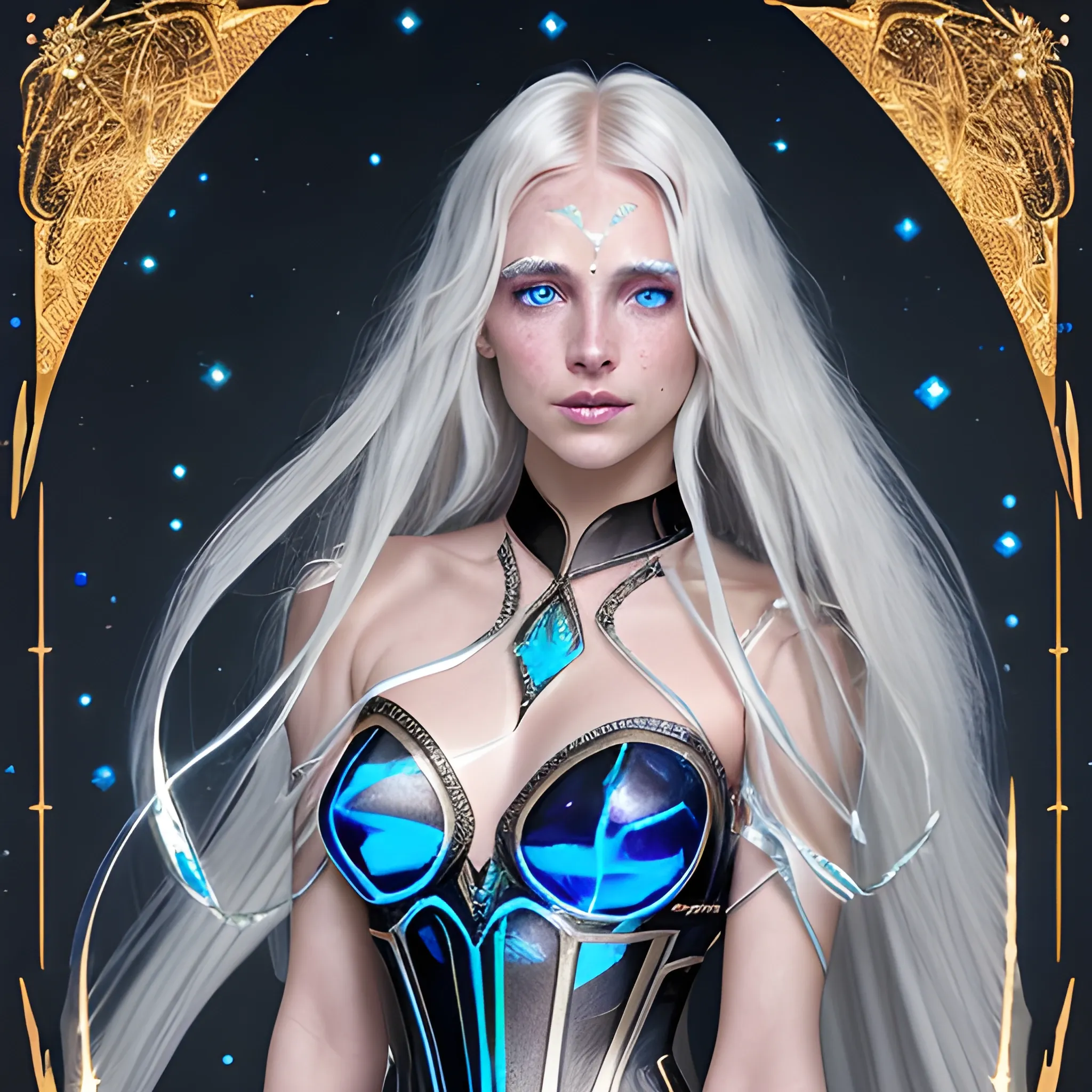 Astral Elf
skin that shimmers with a faint, silvery glow
nothing on her forehead
 golden freckles form patterns that resemble constellations.
 Her hair is long and platinum blond,
her eyes are a dark shade of sapphire blue with a starry
gleam in them
wears  flowing robes  in the shade of midnight blue and silver highlights with brown leather body corset/armor 
and around her neck hangs the opal-like crystal in embedded in brown leather.
background just one colour
