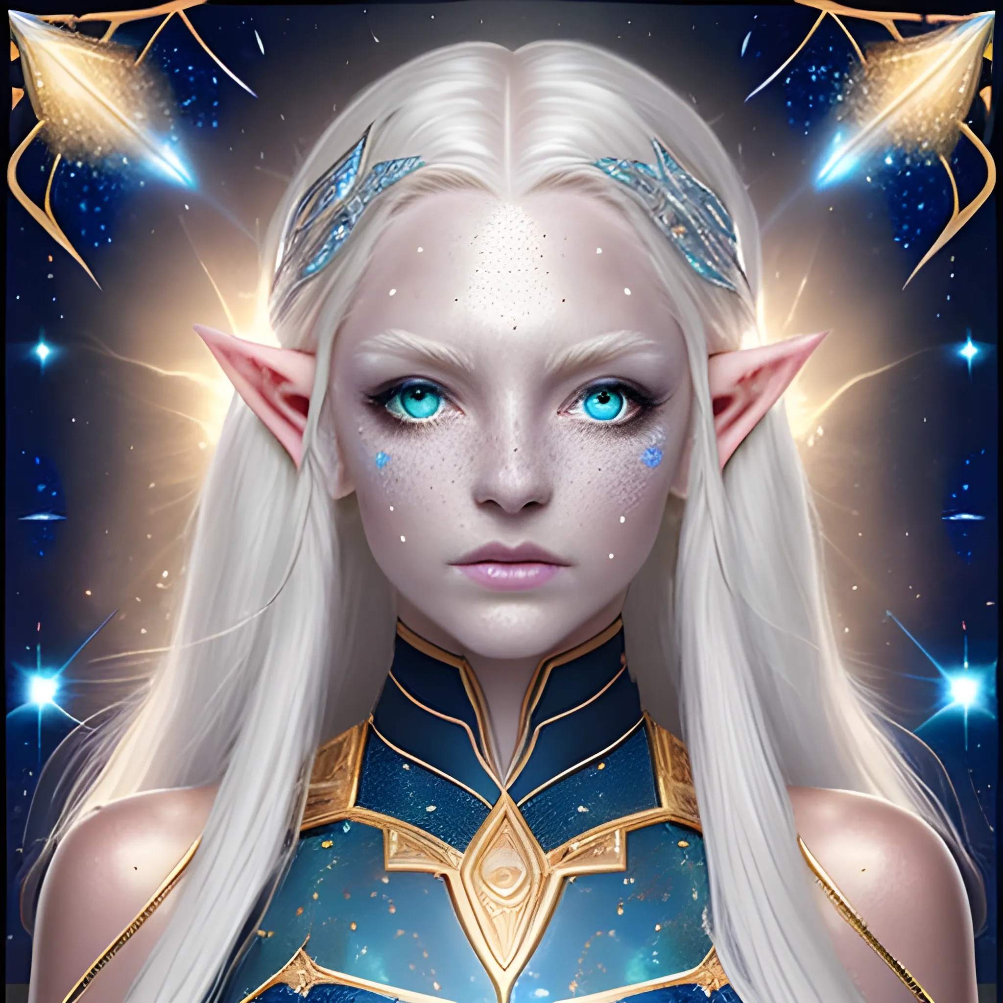 Astral Elf
skin that shimmers with a faint, silvery glow
nothing on her forehead
 golden freckles form patterns that resemble constellations.
 Her hair is long and platinum blond,
her eyes are a dark shade of sapphire blue with a starry
gleam in them
wears  flowing robes  in the shade of midnight blue and silver highlights with brown leather body corset/armor 
and around her neck hangs the opal-like crystal in embedded in brown leather.
background just one colour
