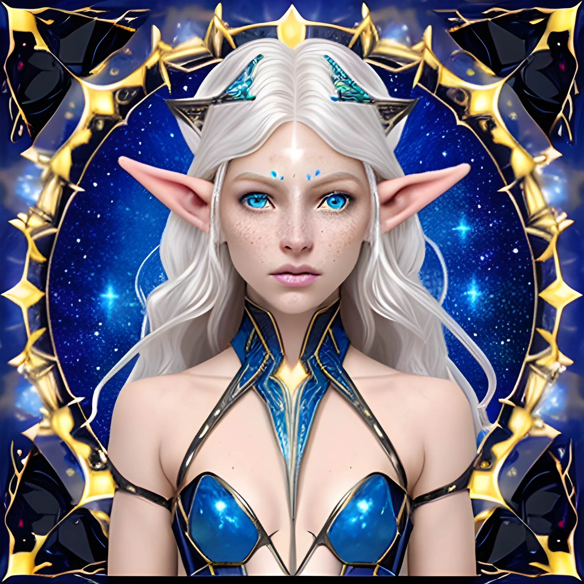 Astral Elf
skin that shimmers with a faint, silvery glow
nothing on her forehead
 golden freckles form patterns that resemble constellations.
 Her hair is long and platinum blond,
her eyes are a dark shade of sapphire blue with a starry
gleam in them
wears  flowing robes  in the shade of midnight blue and silver highlights with brown leather body corset/armor 
and around her neck hangs the opal-like crystal in embedded in brown leather.
background just one colour
