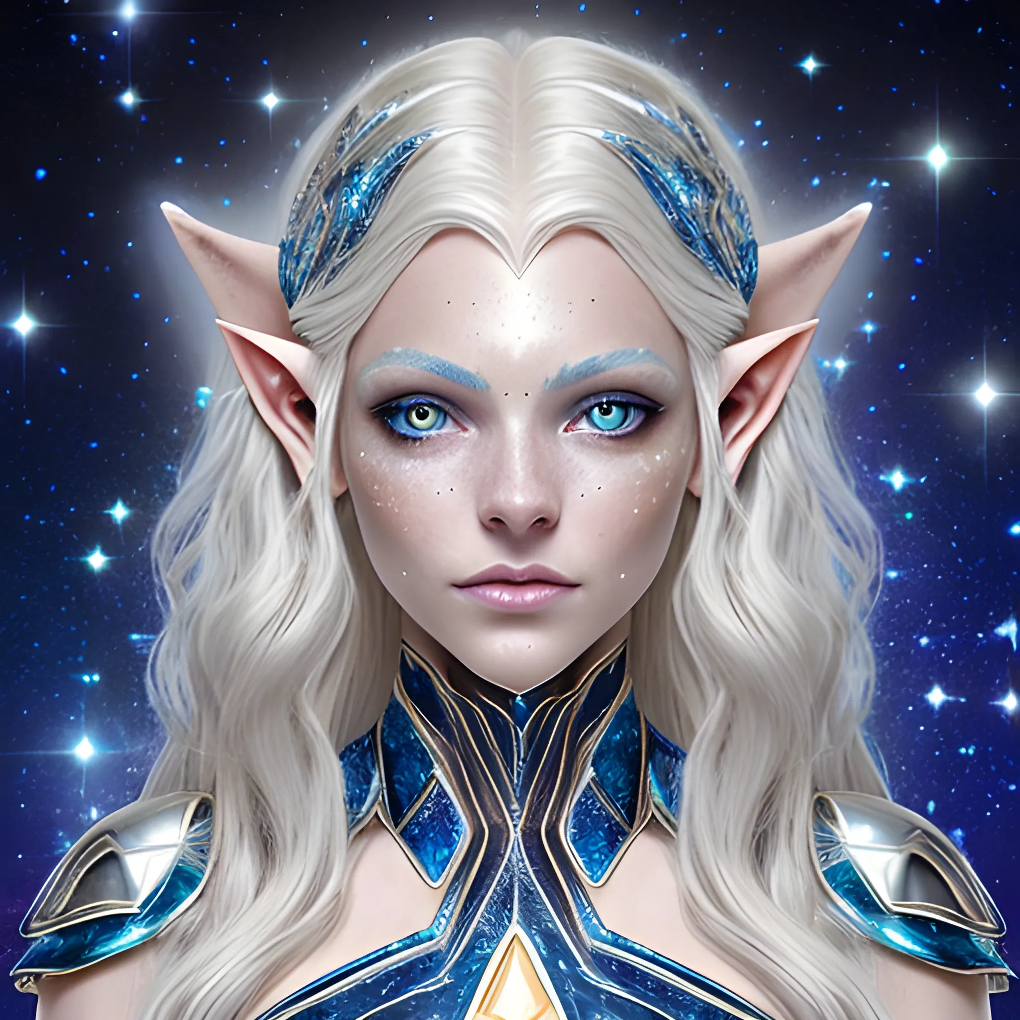 Astral Elf
skin that shimmers with a faint, silvery glow
nothing on her forehead
 golden freckles form patterns that resemble constellations.
 Her hair is long and platinum blond,
her eyes are a dark shade of sapphire blue with a starry
gleam in them
wears  flowing robes  in the shade of midnight blue and silver highlights with brown leather body corset/armor 
and around her neck hangs the opal-like crystal in embedded in brown leather.
background just one colour
