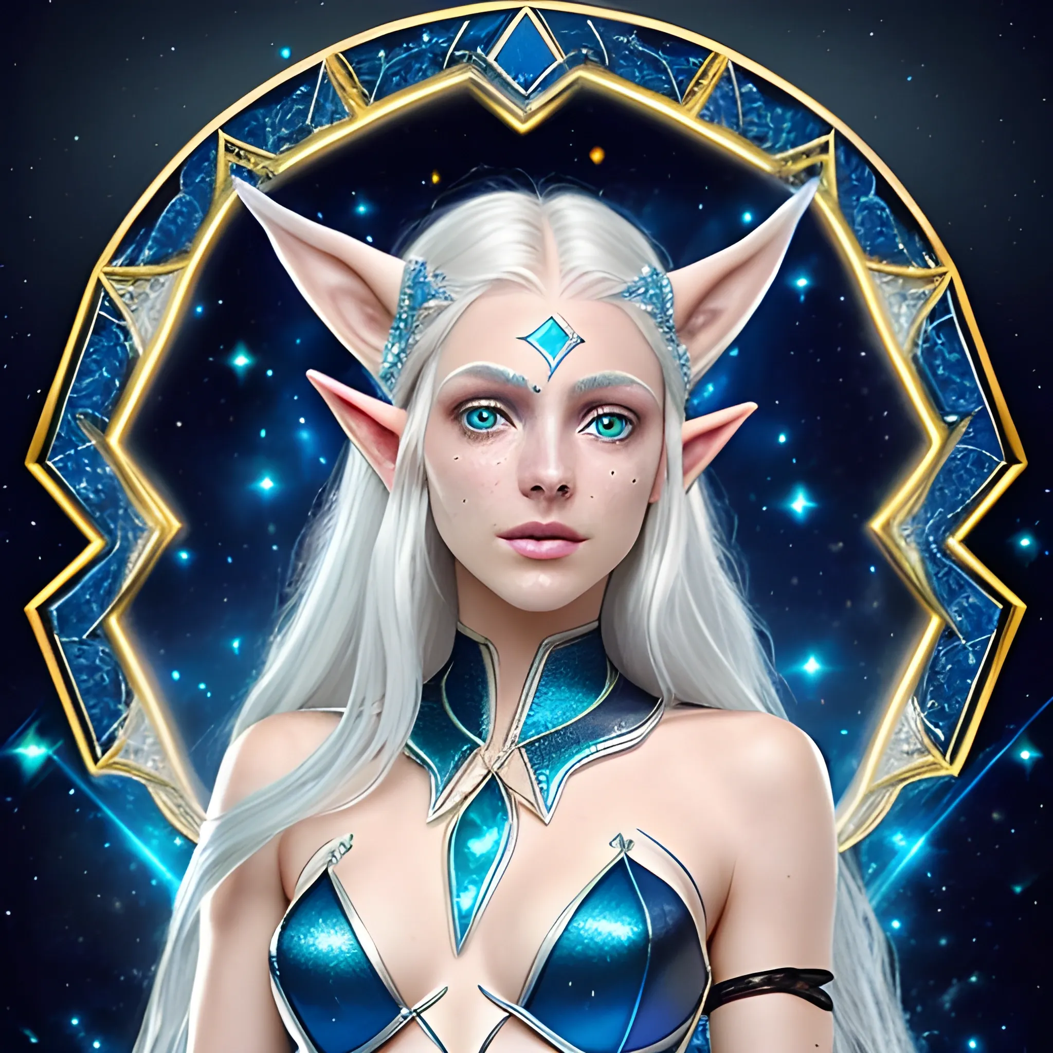 Astral Elf
skin that shimmers with a faint, silvery glow
nothing on her forehead
 golden freckles form patterns that resemble constellations.
 Her hair is long and platinum blond,
her eyes are a dark shade of sapphire blue with a starry
gleam in them
wears  flowing robes  in the shade of midnight blue and silver highlights with brown leather body corset/armor 
and around her neck hangs the opal-like crystal in embedded in brown leather.
background just one colour
