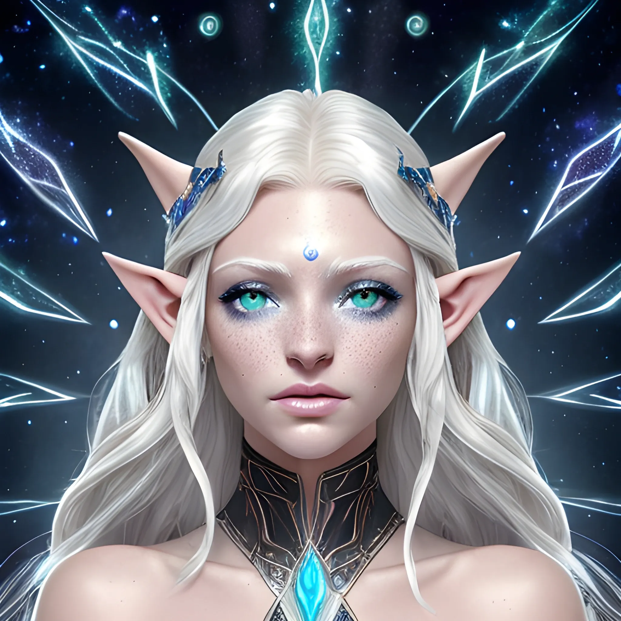 Astral Elf
skin that shimmers with a faint, silvery glow
nothing on her forehead
 golden freckles form patterns that resemble constellations.
 Her hair is long and platinum blond,
her eyes are a dark shade of sapphire blue with a starry
gleam in them
wears  flowing robes  in the shade of midnight blue and silver highlights with brown leather body corset/armor 
and around her neck hangs the opal-like crystal in embedded in brown leather.
background just one colour
