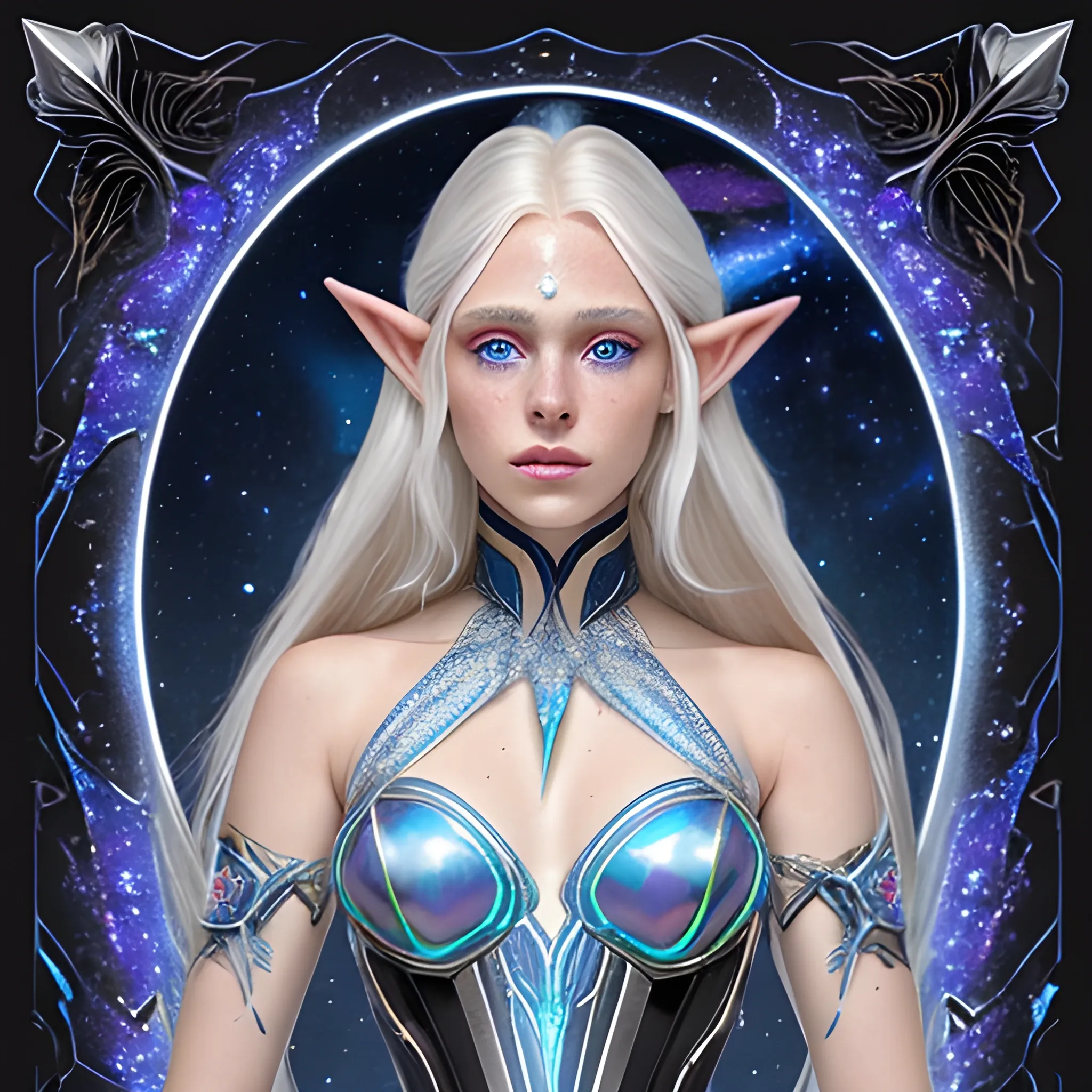 Astral Elf
skin that shimmers with a faint, silvery glow
nothing on her forehead
 golden freckles form patterns that resemble constellations.
 Her hair is long and platinum blond,
her eyes are a dark shade of sapphire blue with a starry
gleam in them
wears  flowing robes  in the shade of midnight blue and silver highlights with brown leather body corset/armor 
and around her neck hangs the opal-like crystal in embedded in brown leather.
background just one colour
