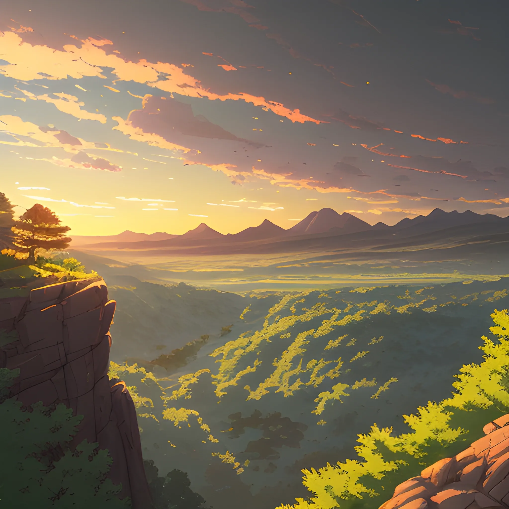 view above a wide landscape with trees, distant mountains, greenery, rocks and a sunset sky... in the style of makoto shinkai and greg rutkowski and albert bierstadt and james gurney, Cartoon