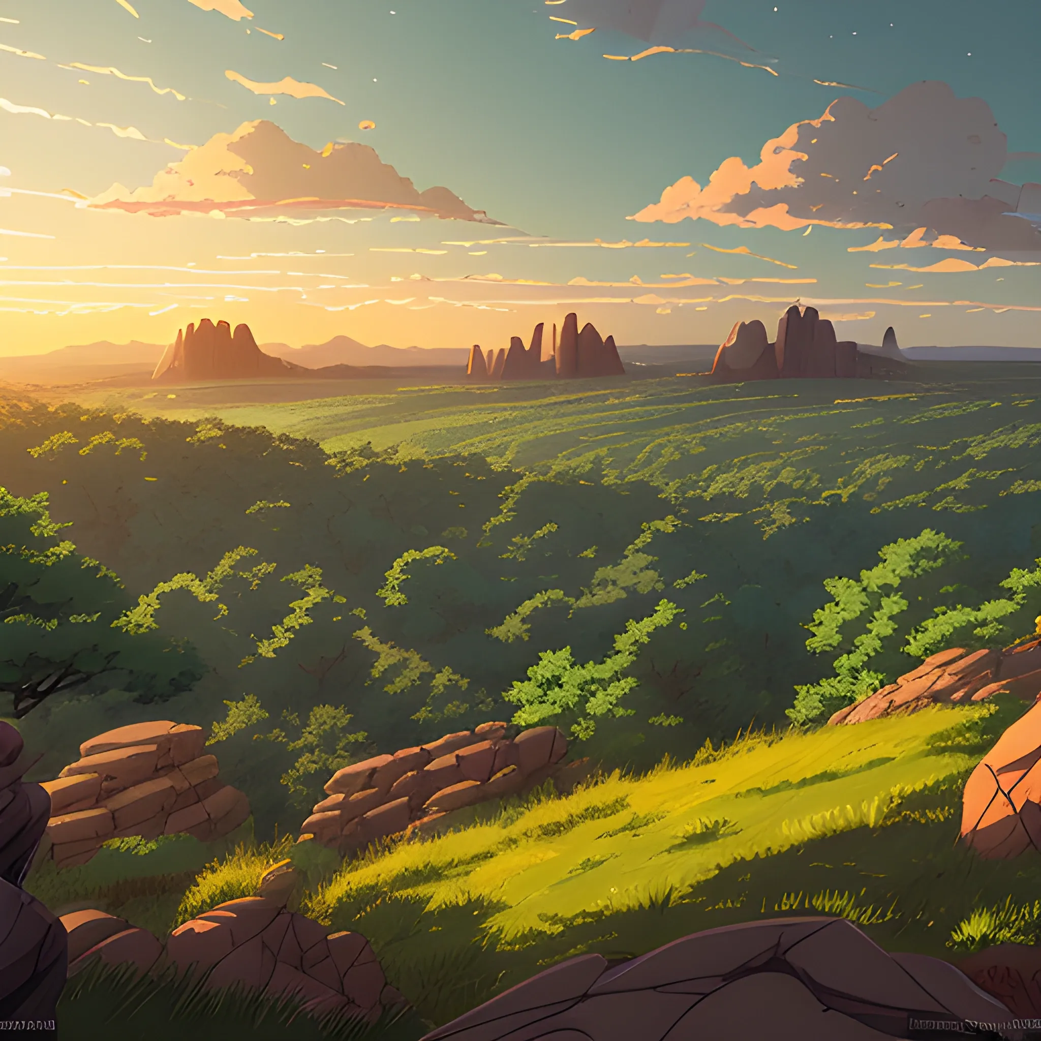 view above a wide landscape with trees, distant mountains, greenery, rocks and a sunset sky... in the style of makoto shinkai and greg rutkowski and albert bierstadt and james gurney, Cartoon