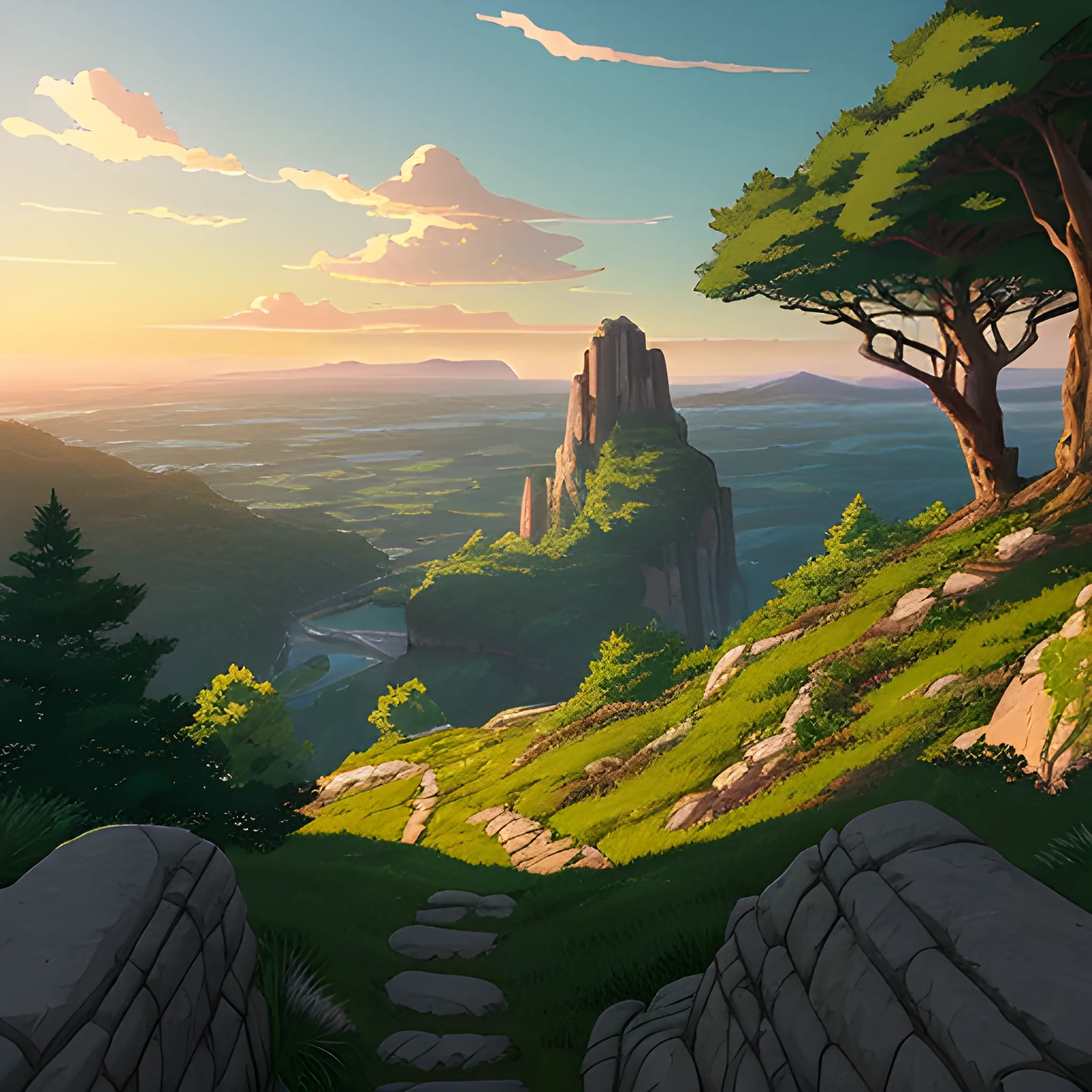 view above a wide landscape with trees, distant mountains, greenery, small path, rocks and a sunset sky... in the style of makoto shinkai and greg rutkowski and albert bierstadt and james gurney, Cartoon