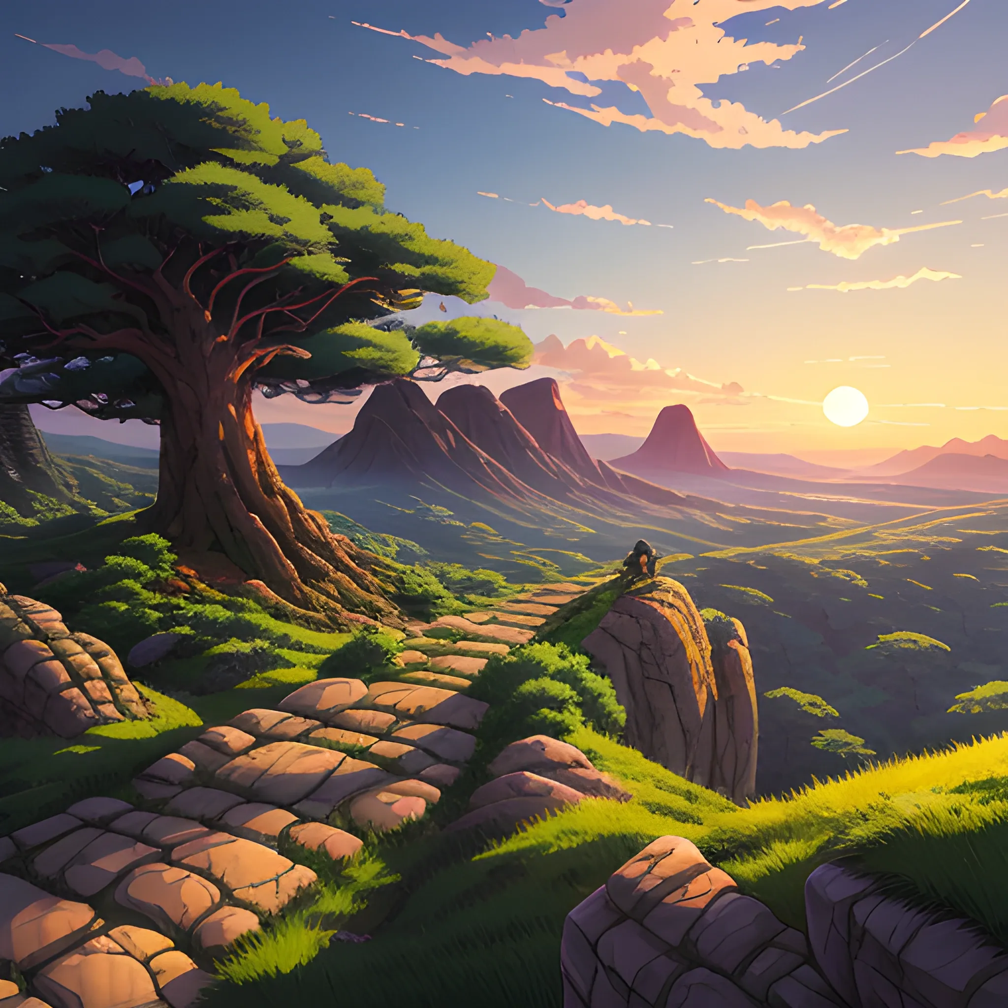 view above a wide landscape with trees, distant mountains, greenery, small path, rocks and a sunset sky... in the style of makoto shinkai and greg rutkowski and albert bierstadt and james gurney, Cartoon