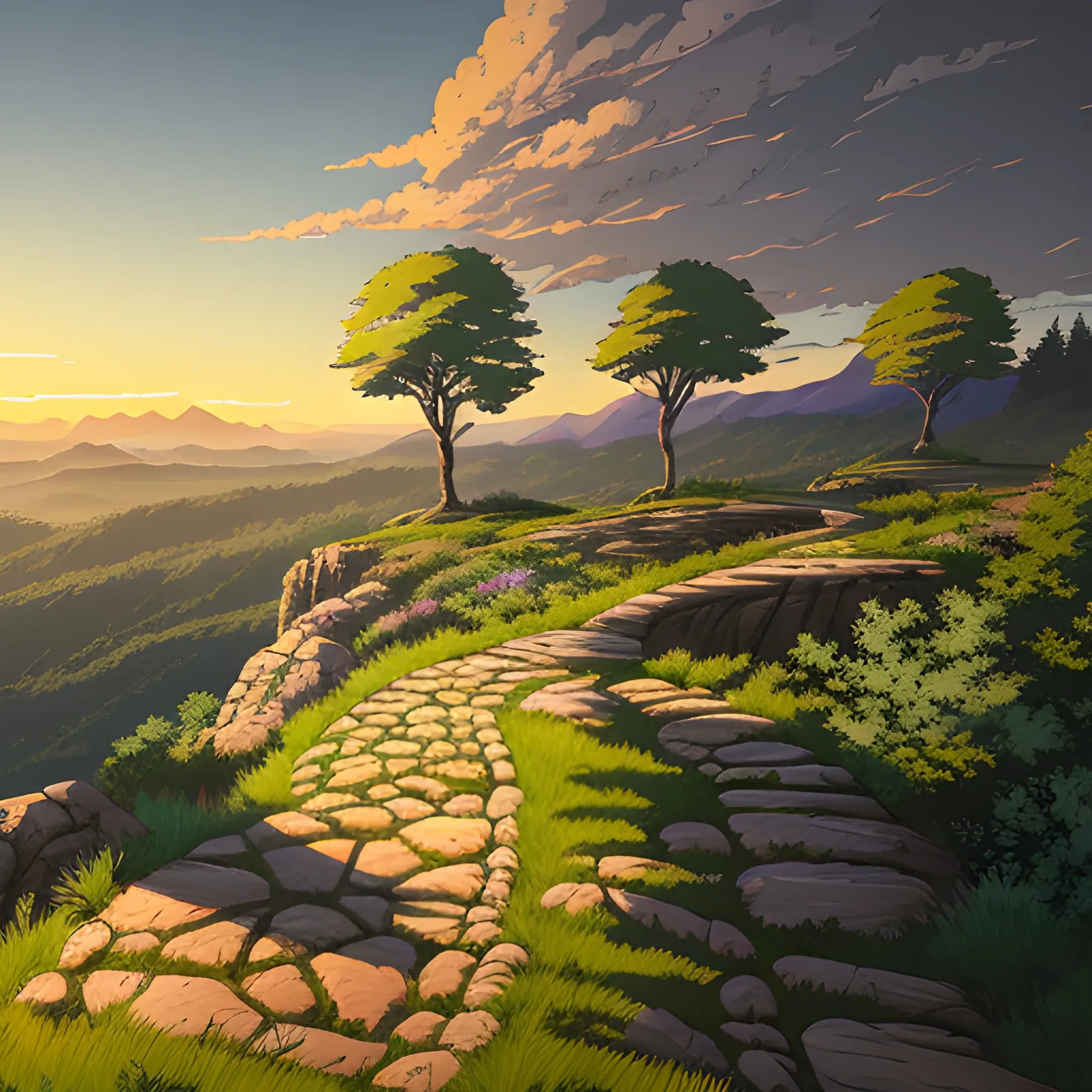 view above a wide landscape with trees, distant mountains, greenery, small path in dirt trail, rocks and a sunset sky... in the style of makoto shinkai and greg rutkowski and albert bierstadt and james gurney, Cartoon