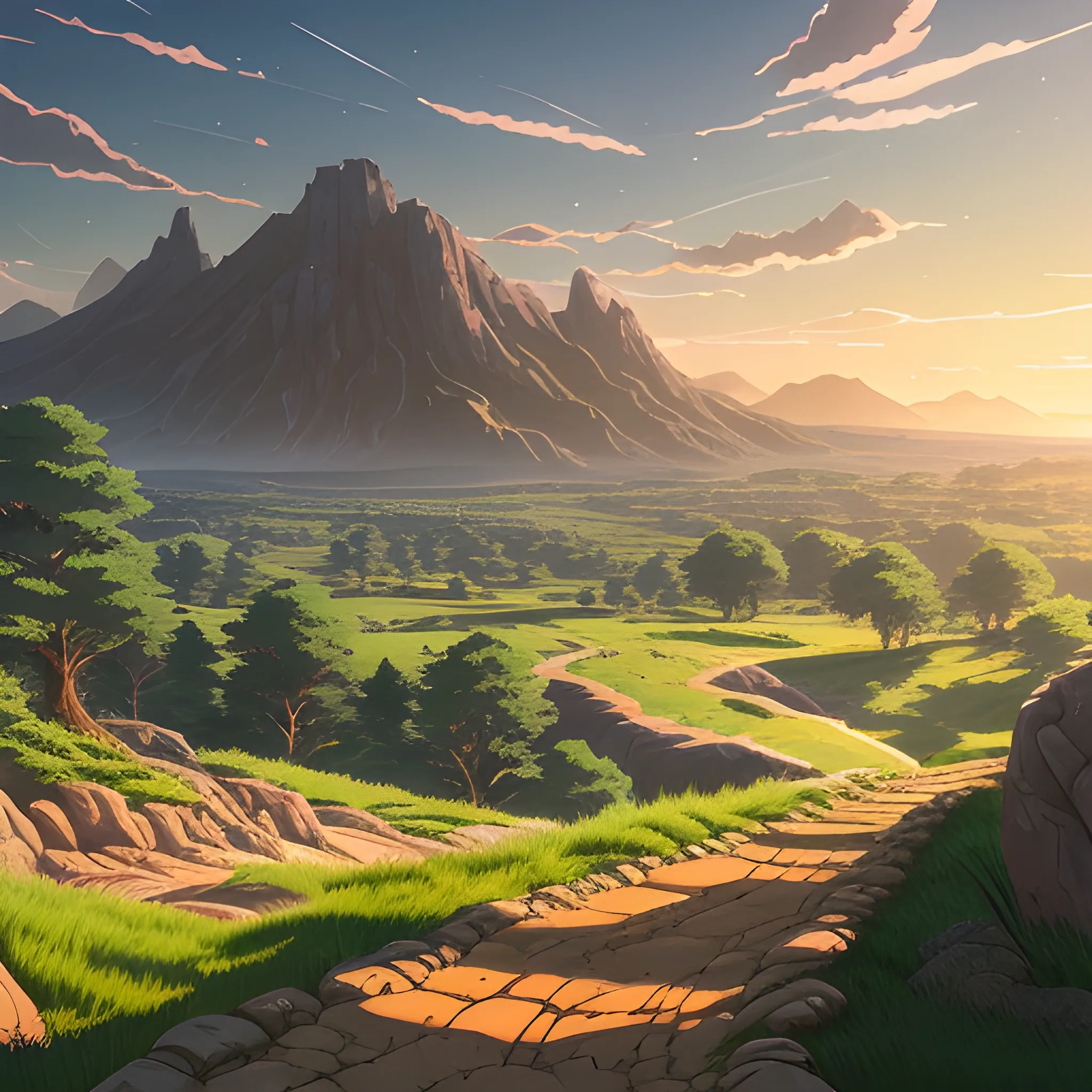 view above a wide landscape with trees, distant mountains, greenery, small path in dirt trail, rocks and a sunset sky... in the style of makoto shinkai and greg rutkowski and albert bierstadt and james gurney, Cartoon