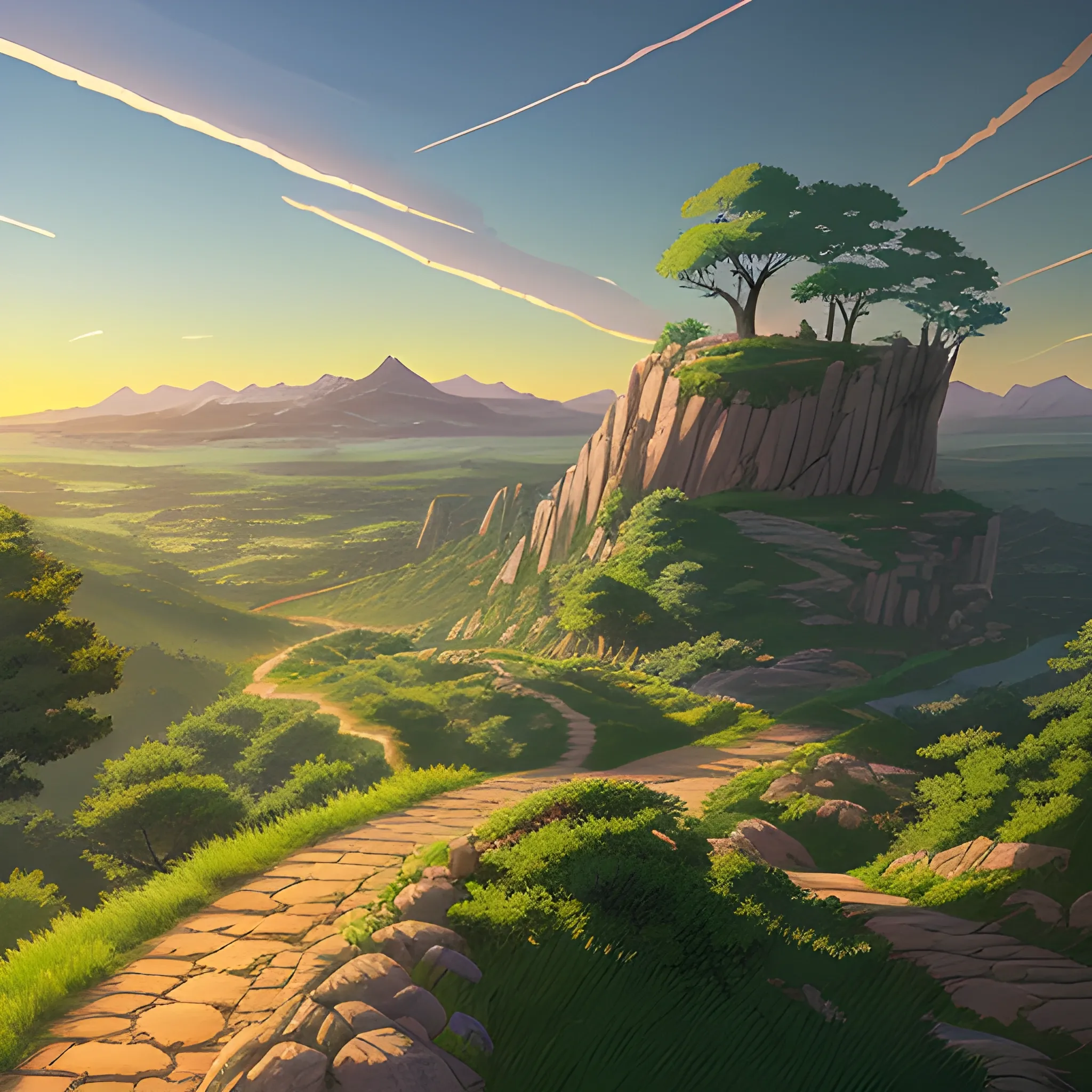 view above a wide landscape with trees, distant mountains, greenery, small path in dirt trail, rocks and a sunset sky... in the style of makoto shinkai and greg rutkowski and albert bierstadt and james gurney, Cartoon