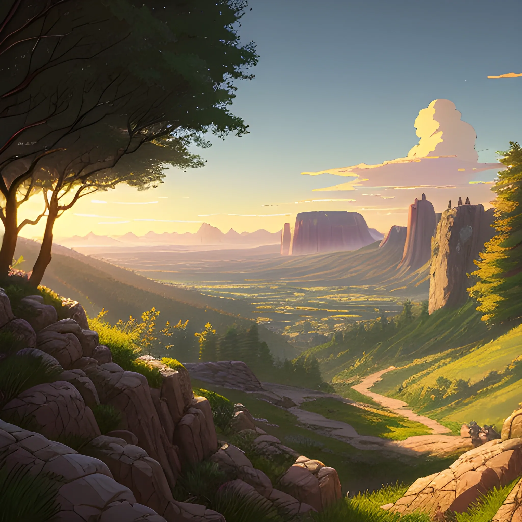 view above a wide landscape with trees, distant mountains, greenery, small path in dirt trail, rocks and a sunset sky... in the style of makoto shinkai and greg rutkowski and albert bierstadt and james gurney, Cartoon