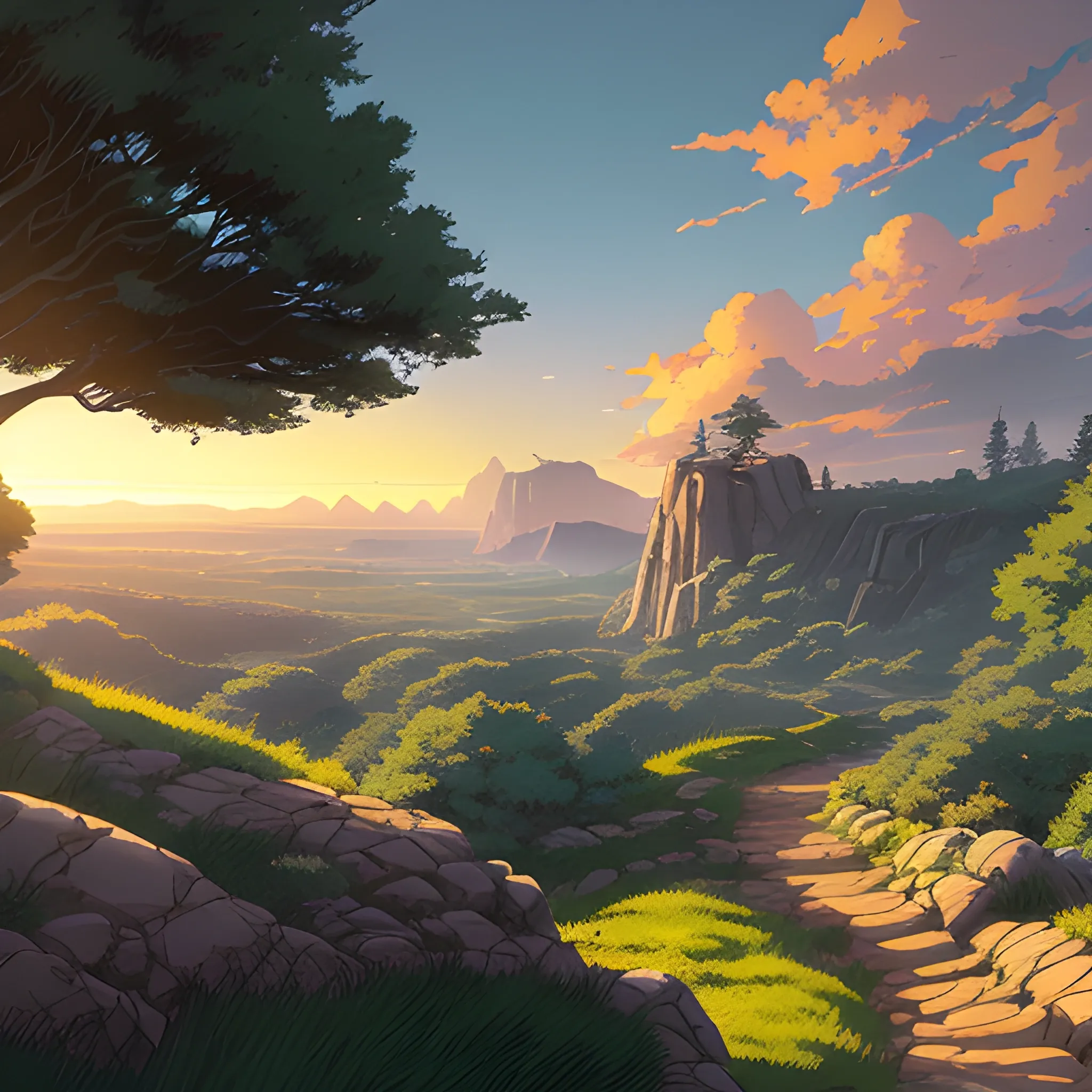 view above a wide landscape with trees, distant mountains, greenery, small path in dirt trail, rocks and a sunset sky... in the style of makoto shinkai and greg rutkowski and albert bierstadt and james gurney, Cartoon