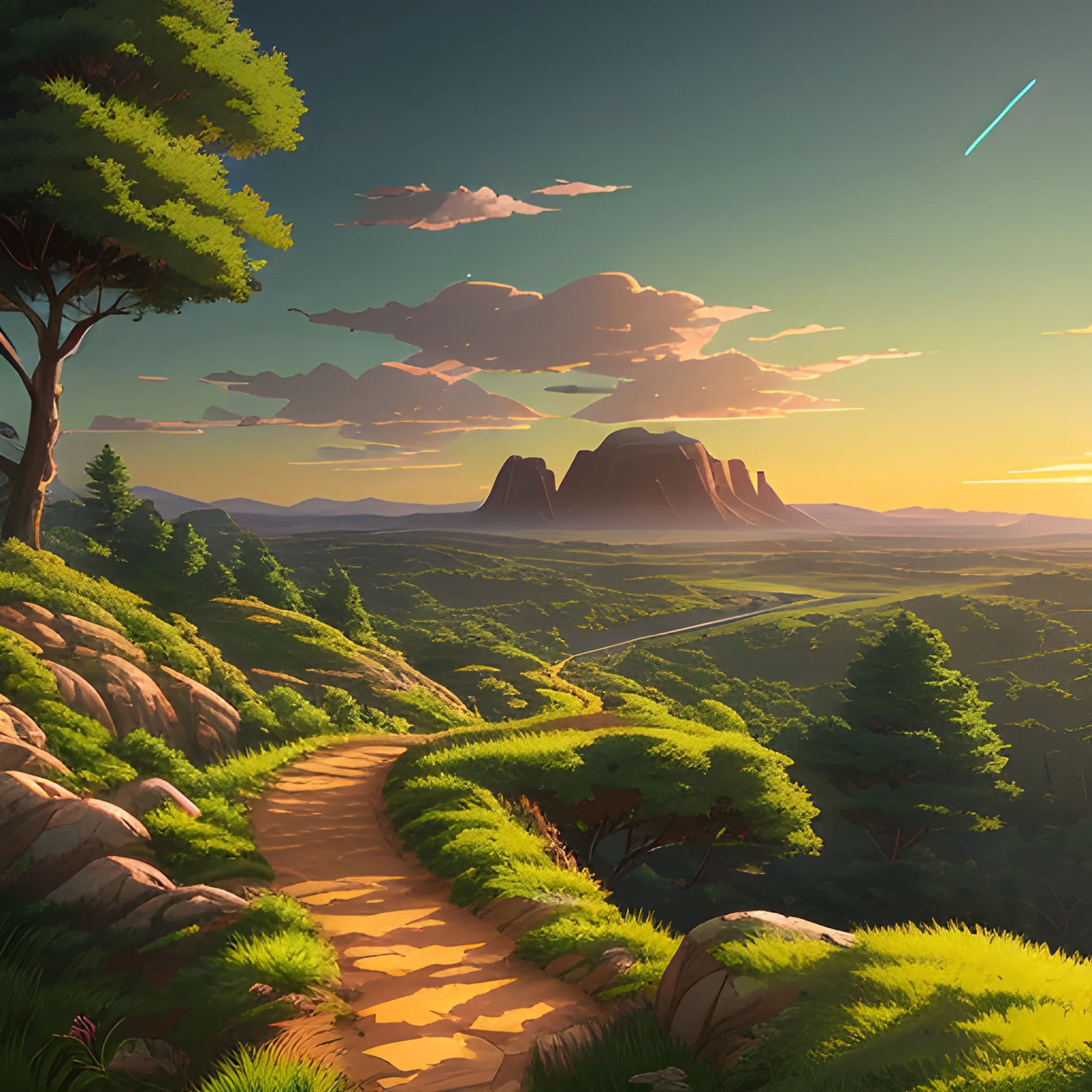 view above a wide landscape with trees, distant mountains, greenery, small path in dirt trail, rocks and a sunset sky... in the style of makoto shinkai and greg rutkowski and albert bierstadt and james gurney, Cartoon