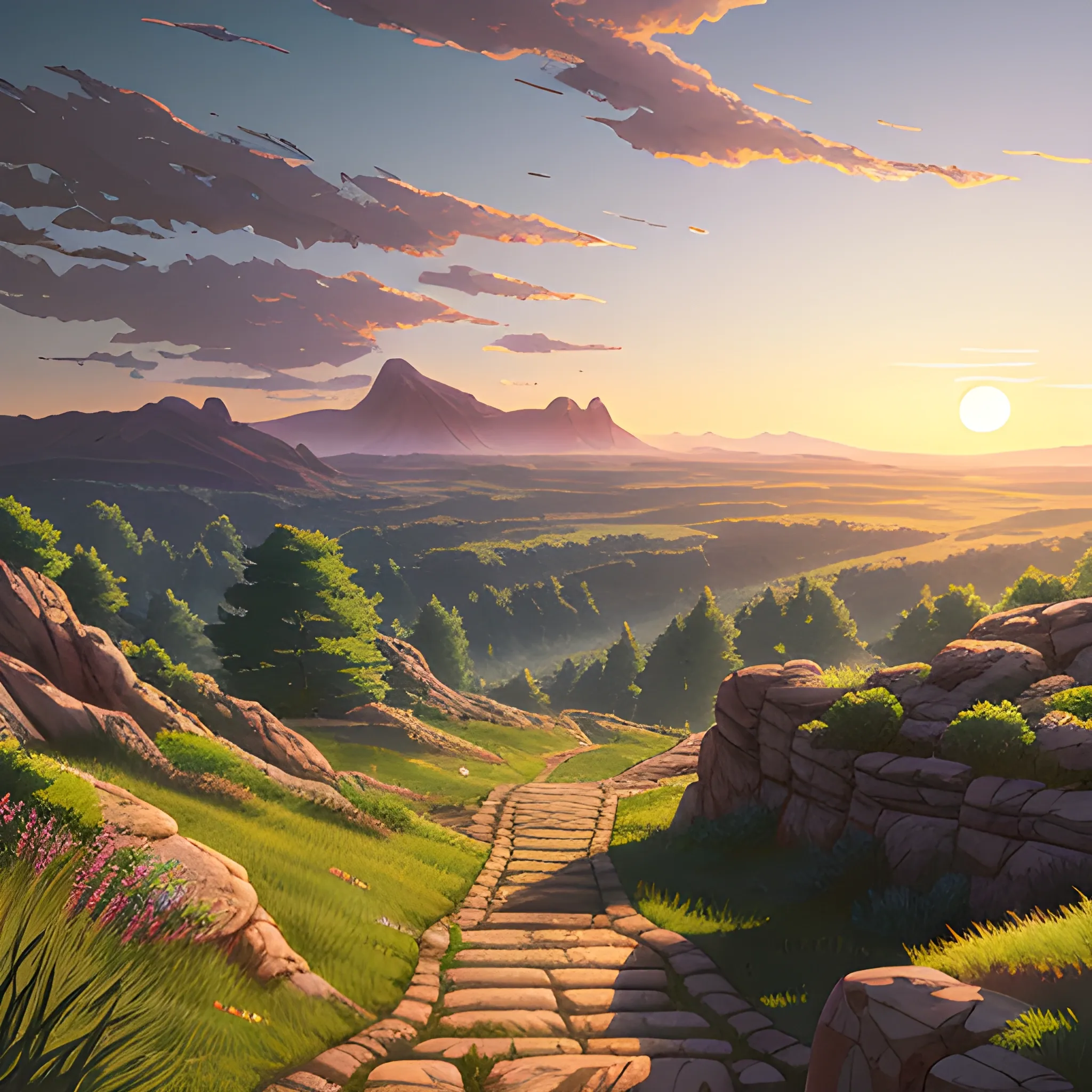 view above a wide landscape with trees, distant mountains, greenery, small path in dirt trail, rocks and a sunset sky... in the style of makoto shinkai and greg rutkowski and albert bierstadt and james gurney, Cartoon