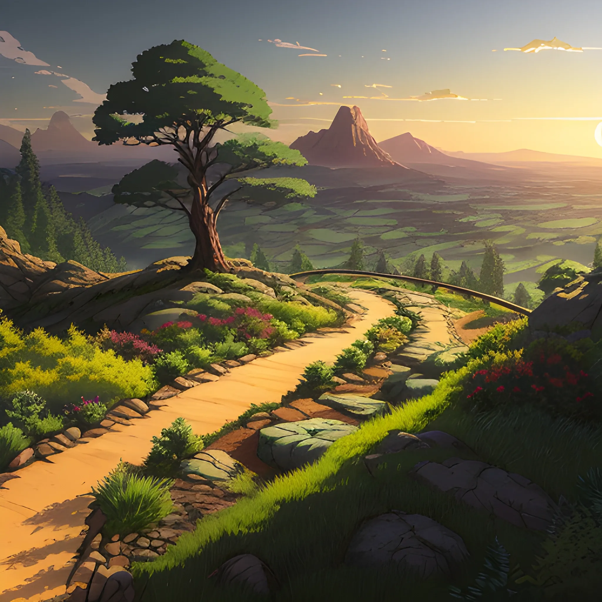 view above a wide landscape with trees, distant mountains, greenery, small path in dirt trail, rocks and a sunset sky... in the style of makoto shinkai and greg rutkowski and albert bierstadt and james gurney, Cartoon