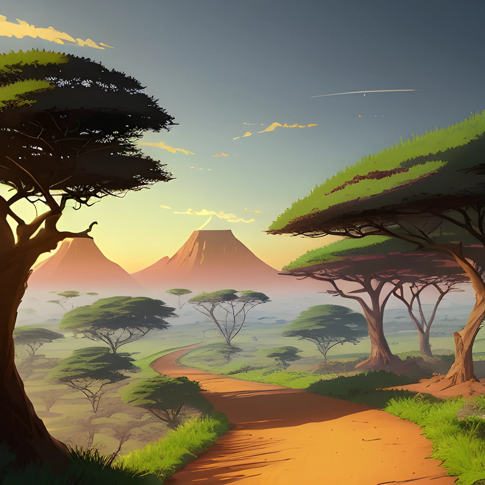 an africa wide landscape with trees, distant mountains, greenery, small path in dirt trail, rocks and a sunset sky... in the style of makoto shinkai and greg rutkowski and albert bierstadt and james gurney, Cartoon