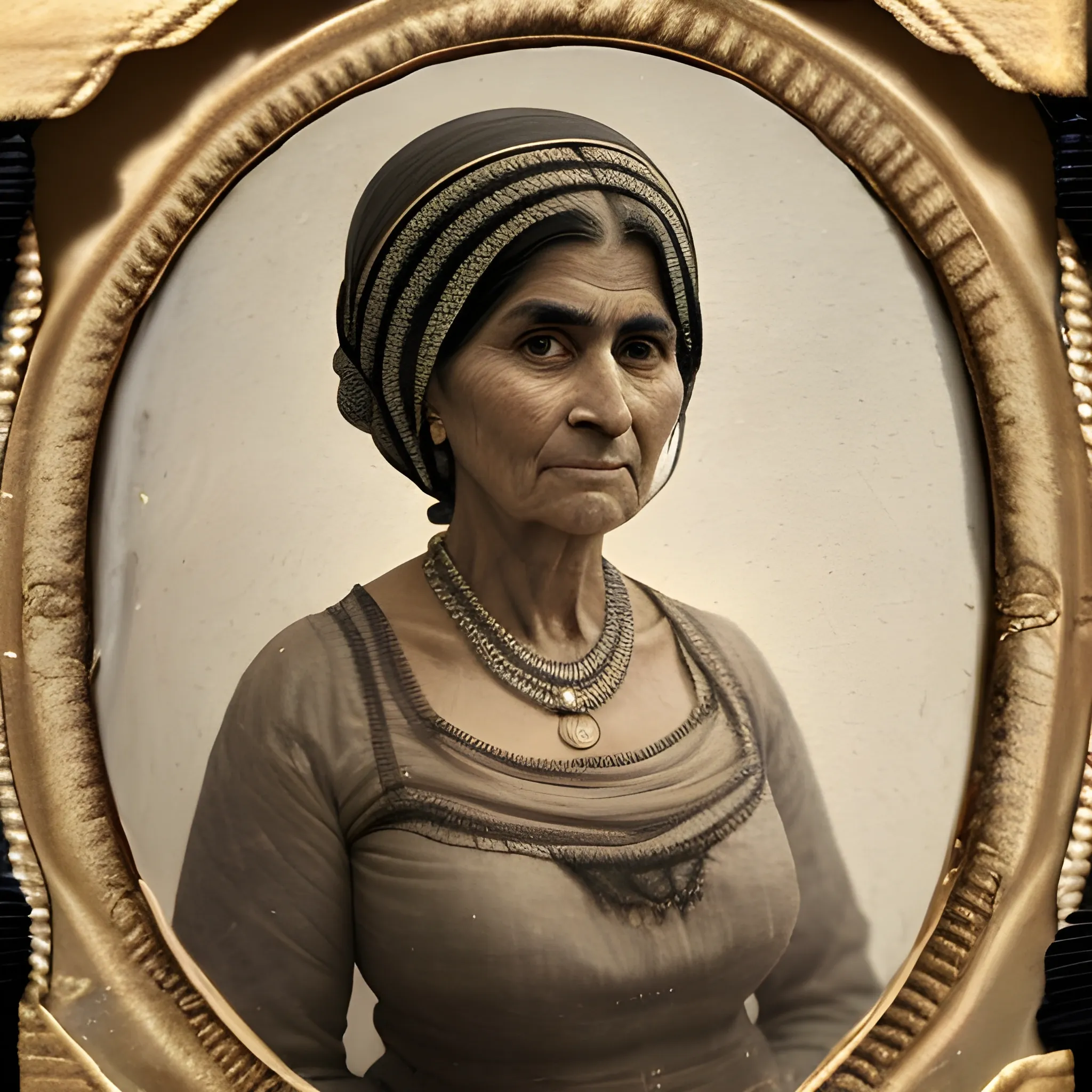 An old, blurred, scratched and dark Daguerreotype or Calotype about an arabian fat mature woman, 50 y.o, reminiscent of Nefertiti. She has intricately braided hair and bangs that cover her forehead up to her eyebrows. Her slightly tanned skin contrasts beautifully. She wears a translucent linen top and skirt, revealing a subtle hint of her body. The woman gazes intently at the viewer, exuding both happiness and confidence. The background is blurred and depth, uncolored., Oil Painting