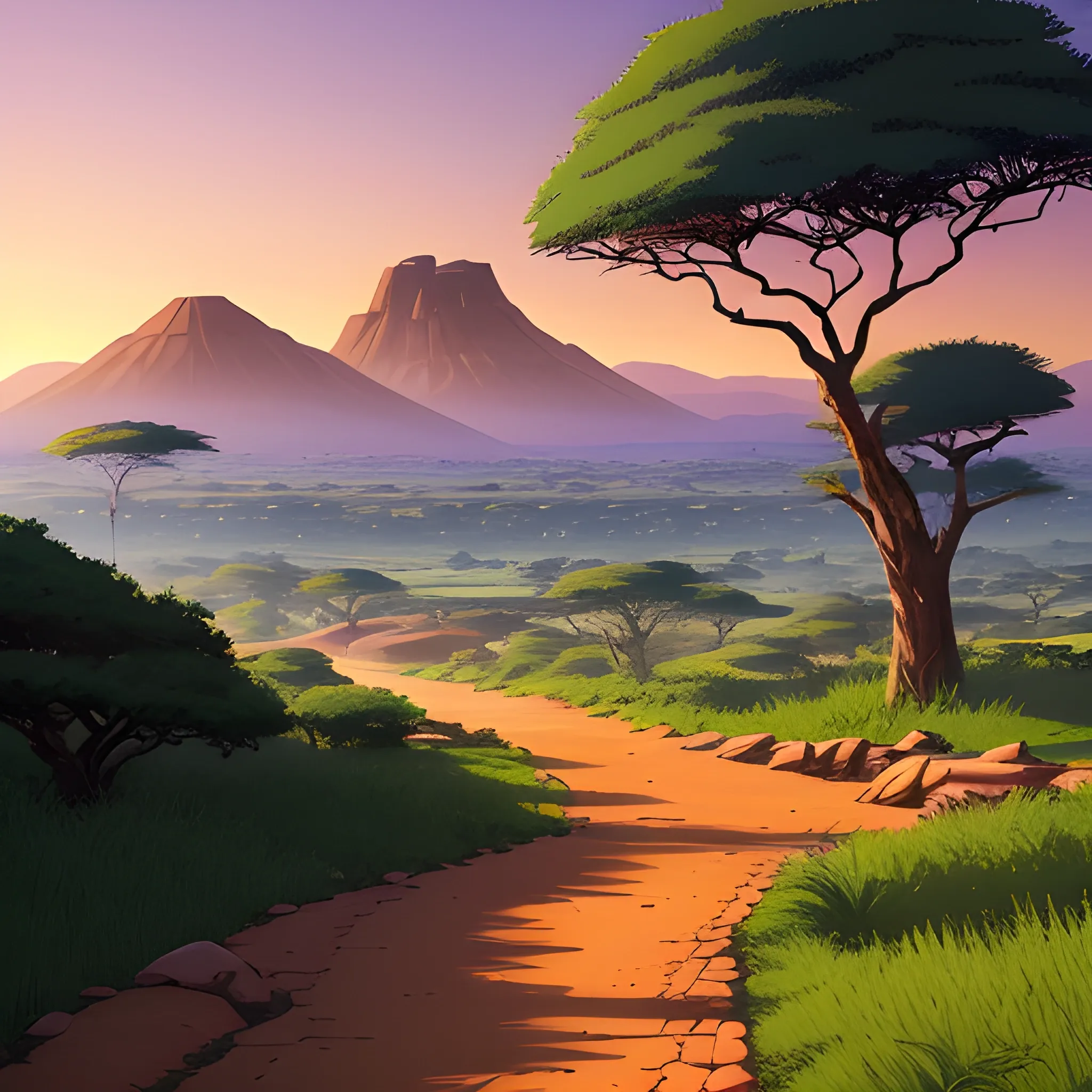 an africa wide landscape with trees, distant mountains, greenery, small path in dirt trail, rocks and a sunset sky... in the style of makoto shinkai and greg rutkowski and albert bierstadt and james gurney, Cartoon