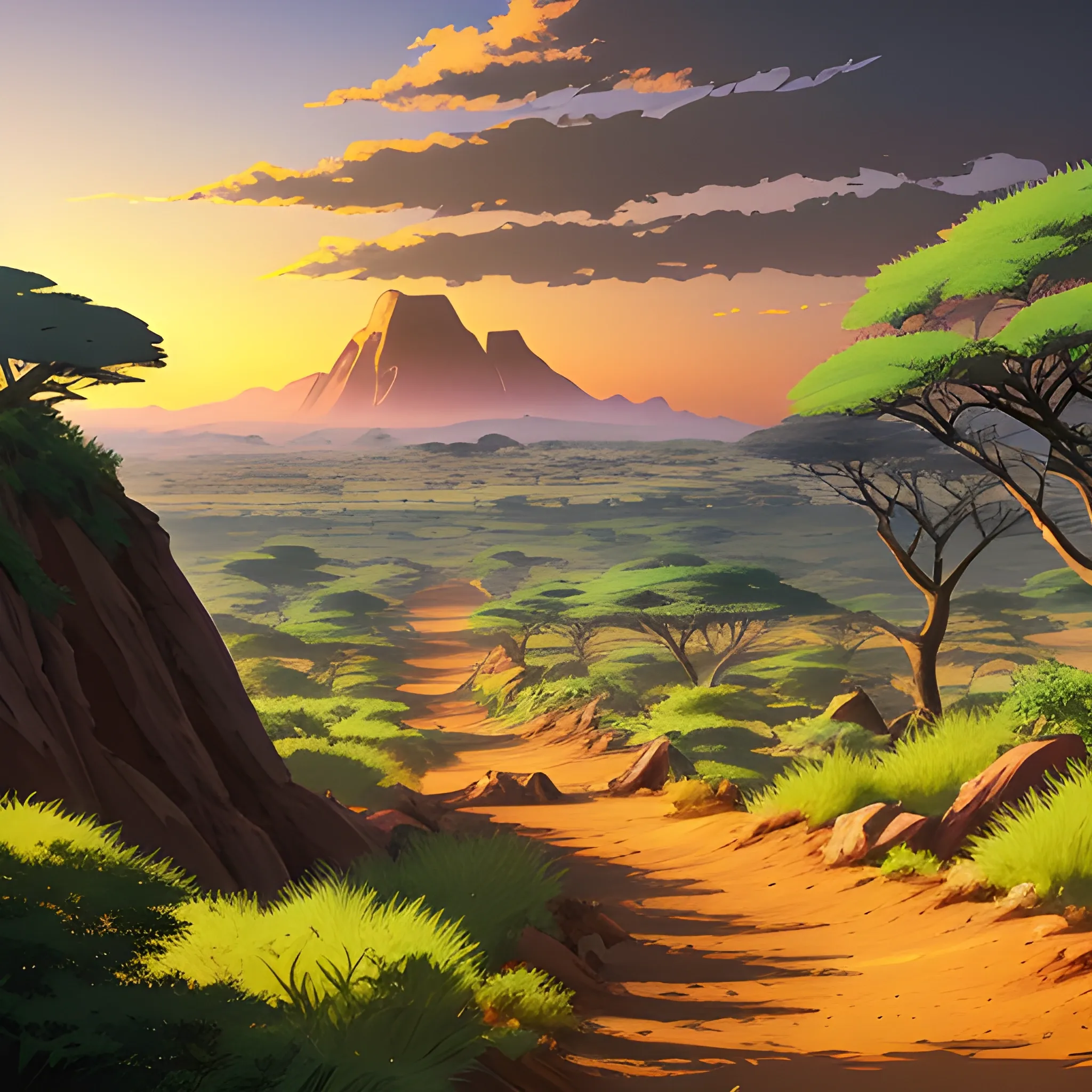 an africa wide landscape with trees, distant mountains, greenery, small path in dirt trail, rocks and a sunset sky... in the style of makoto shinkai and greg rutkowski and albert bierstadt and james gurney, Cartoon