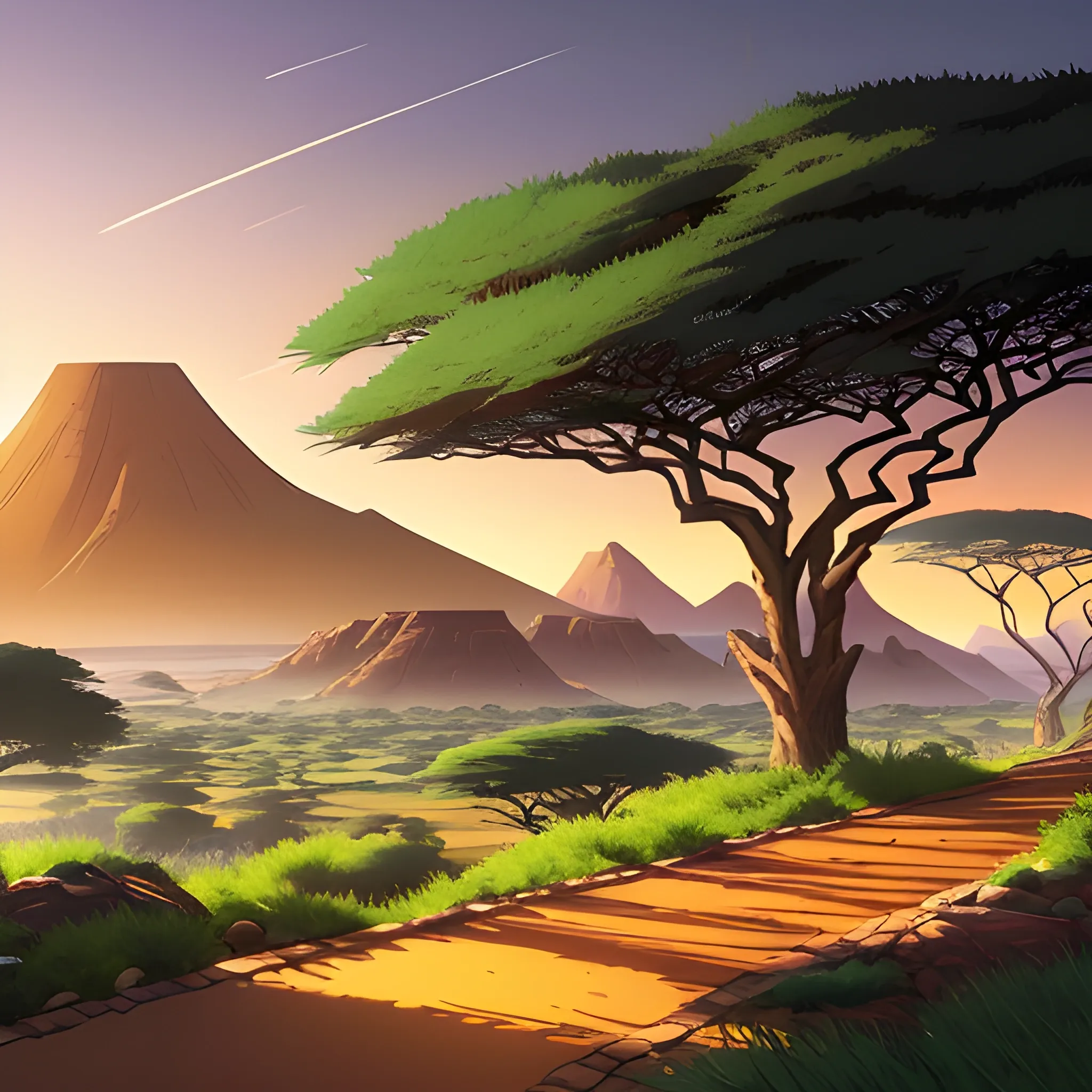 an africa wide landscape with trees, distant mountains, greenery, small path in dirt trail, rocks and a sunset sky... in the style of makoto shinkai and greg rutkowski and albert bierstadt and james gurney, Cartoon