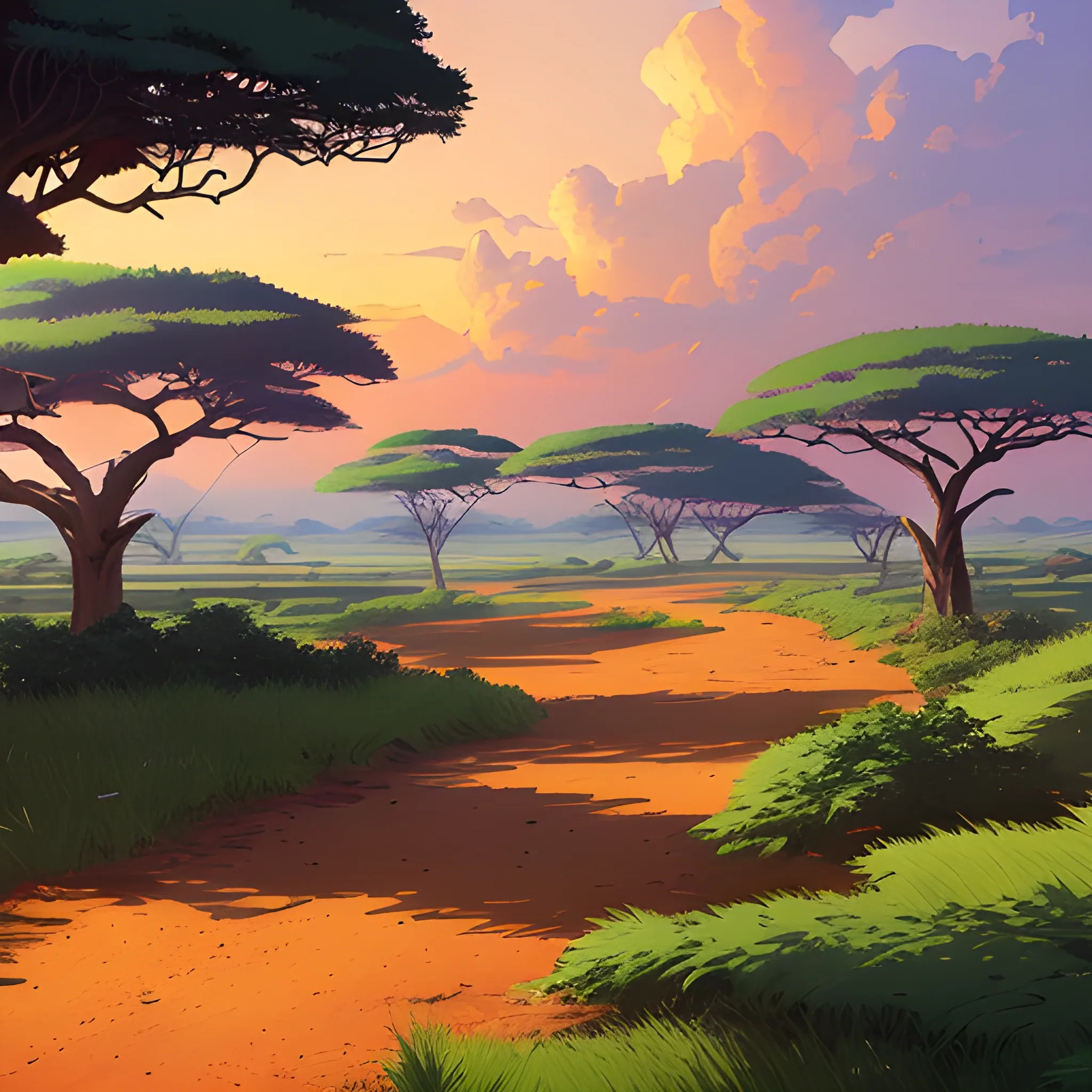 an africa wide landscape with trees, brush, greenery, small path in dirt trail, rocks and a sunset sky... in the style of makoto shinkai and greg rutkowski and albert bierstadt and james gurney, Cartoon