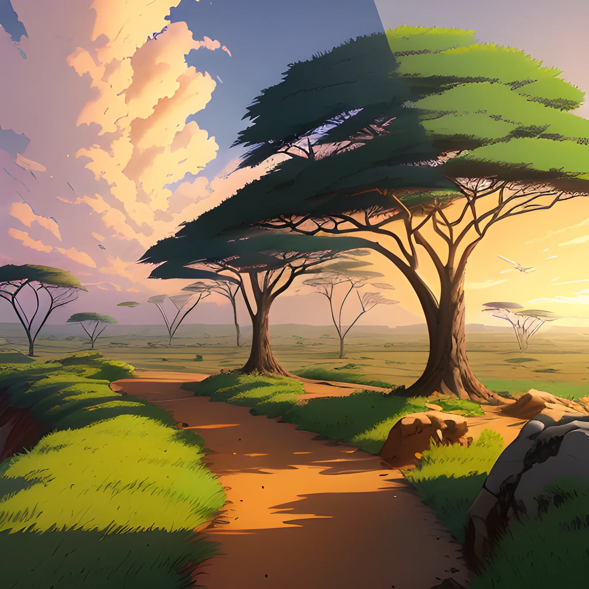 an africa wide landscape with trees, brush, greenery, small path in dirt trail, rocks and a sunset sky... in the style of makoto shinkai and greg rutkowski and albert bierstadt and james gurney, Cartoon