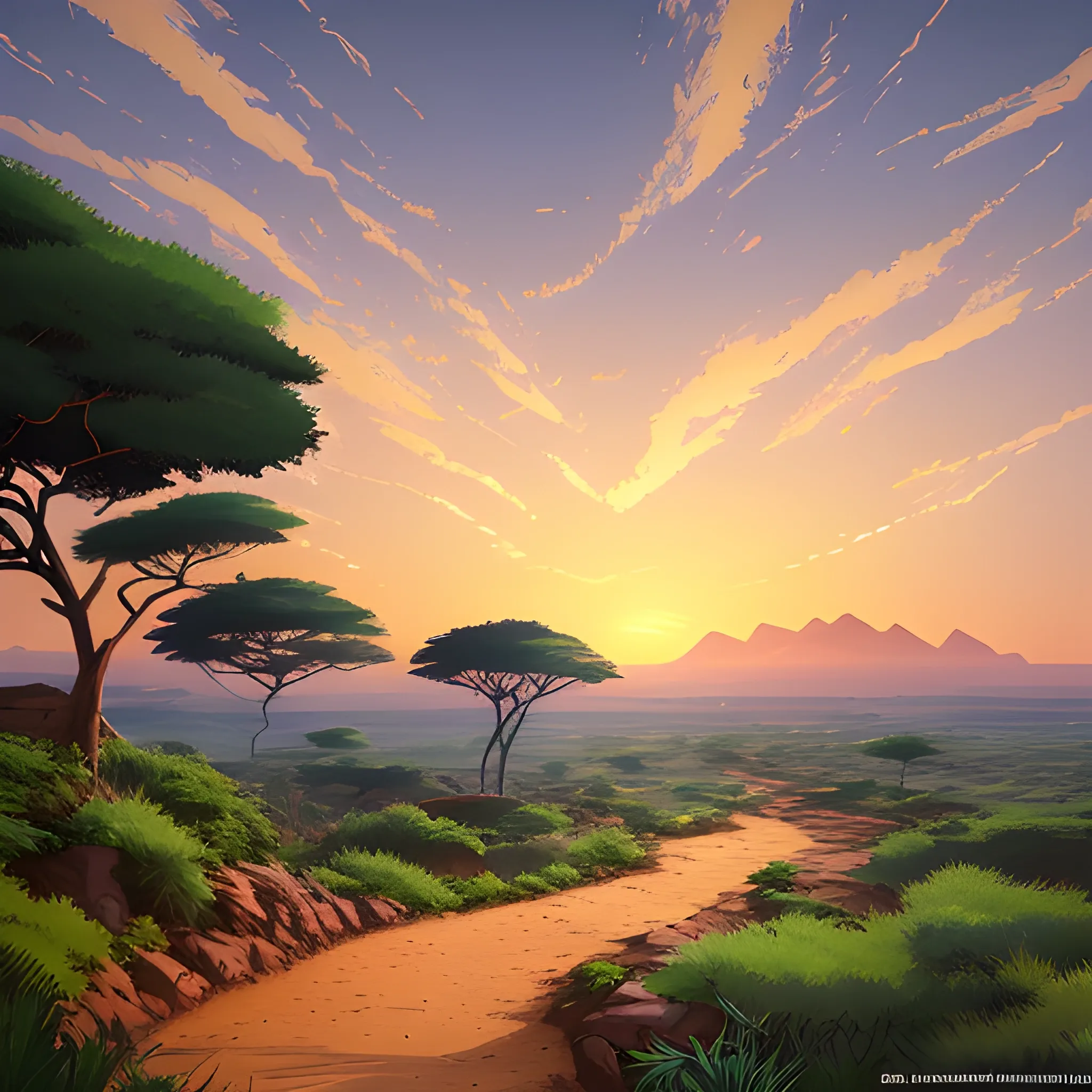 an africa wide landscape with brush, greenery, small path in dirt trail, rocks and a sunset sky... in the style of makoto shinkai and greg rutkowski and albert bierstadt and james gurney, Cartoon