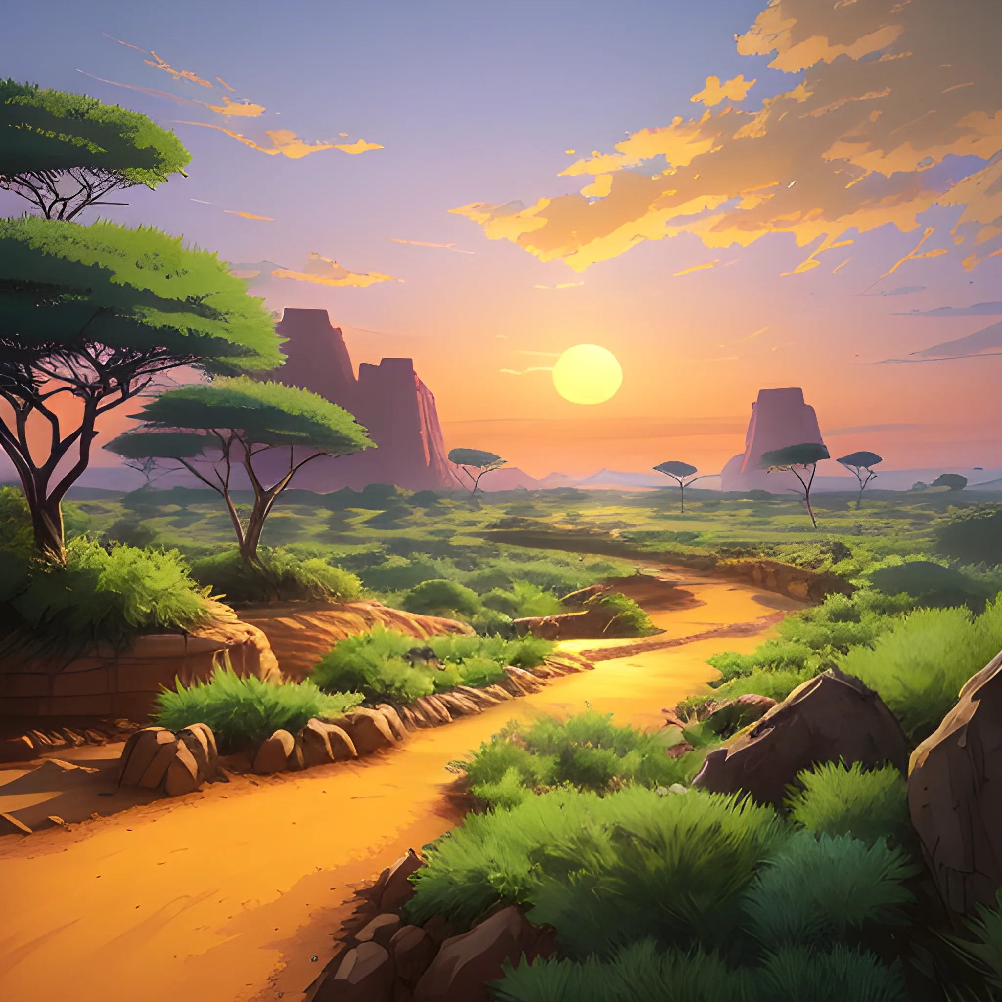 an africa wide landscape with brush, greenery, small path in dirt trail, rocks and a sunset sky... in the style of makoto shinkai and greg rutkowski and albert bierstadt and james gurney, Cartoon