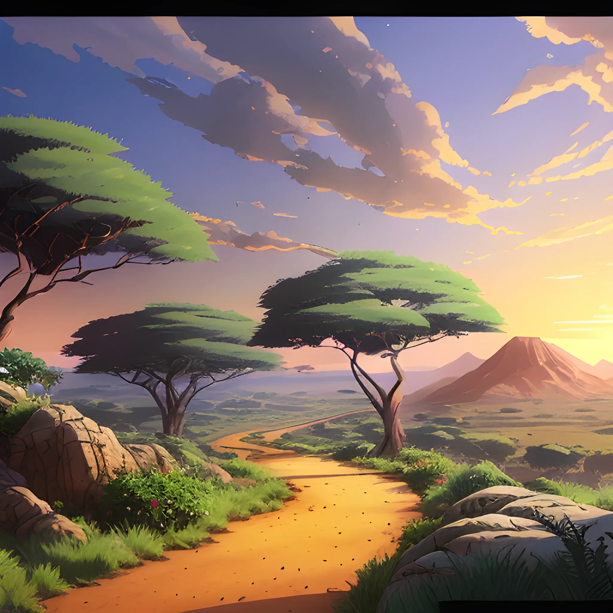 an africa wide landscape with brush, greenery, small path in dirt trail, rocks and a sunset sky... in the style of makoto shinkai and greg rutkowski and albert bierstadt and james gurney, Cartoon