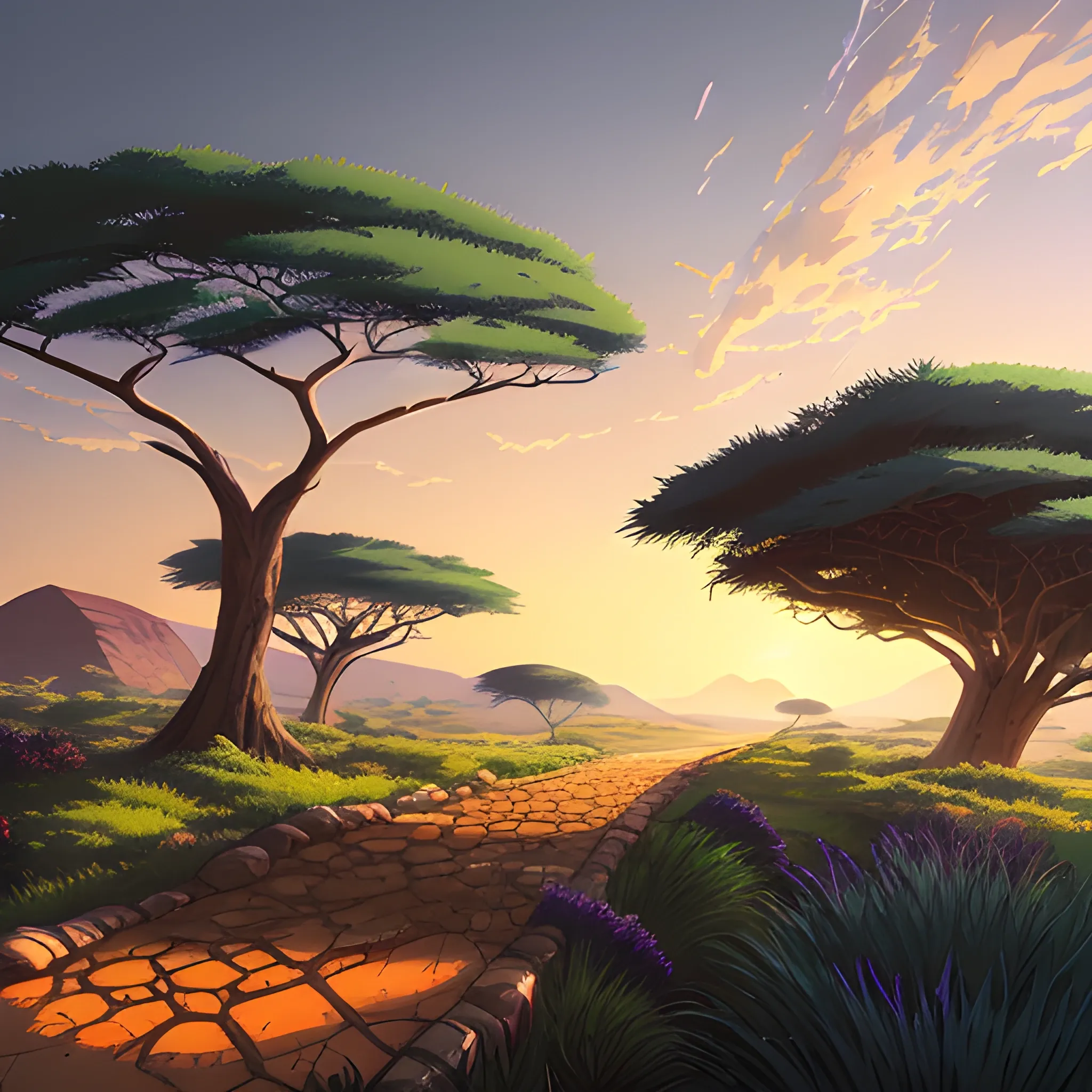 an africa wide landscape with brush, greenery, small path in dirt trail, rocks and a sunset sky... in the style of makoto shinkai and greg rutkowski and albert bierstadt and james gurney, Cartoon