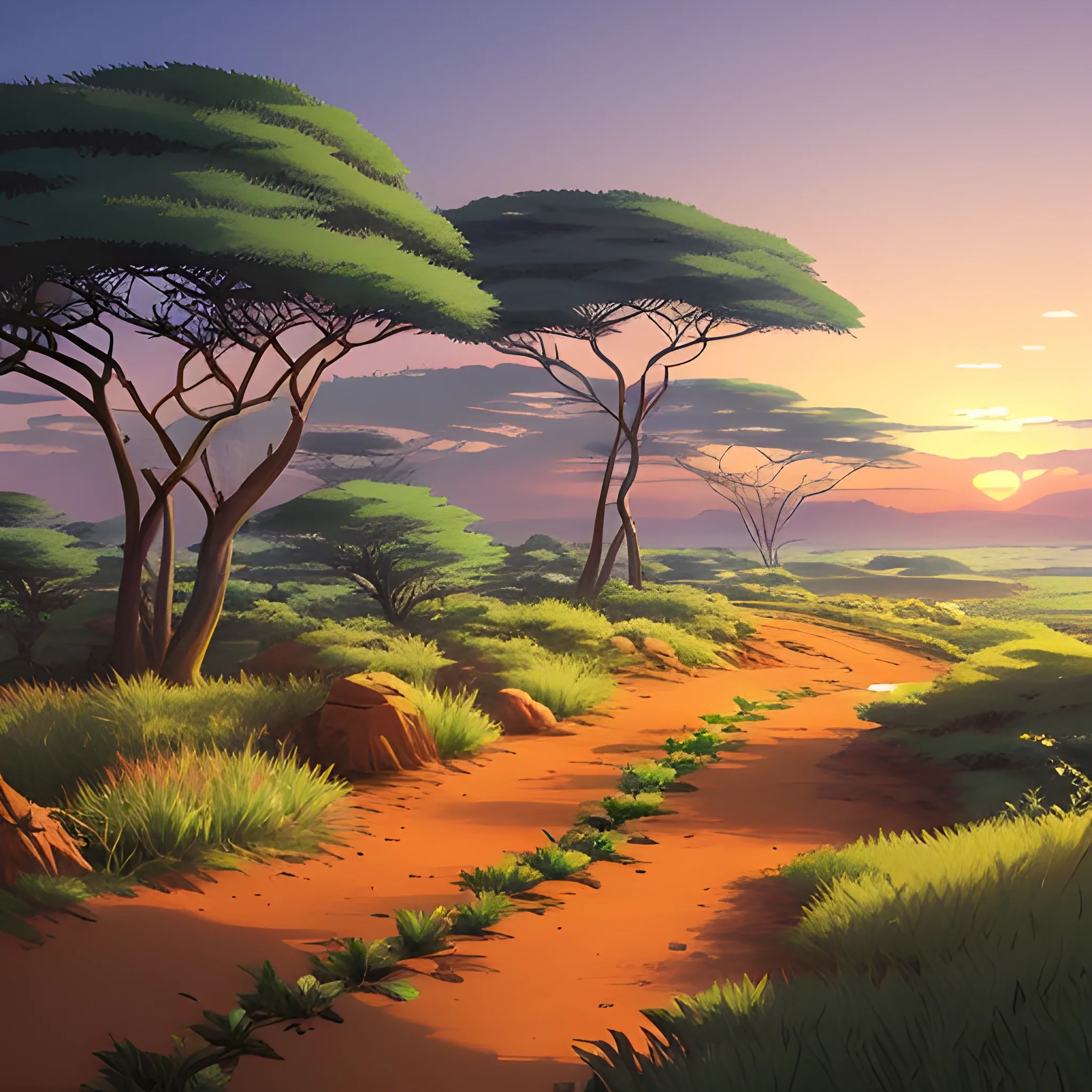 an africa wide landscape with brush, greenery, small path in dirt trail, rocks and a sunset sky... in the style of makoto shinkai and greg rutkowski and albert bierstadt and james gurney, Cartoon