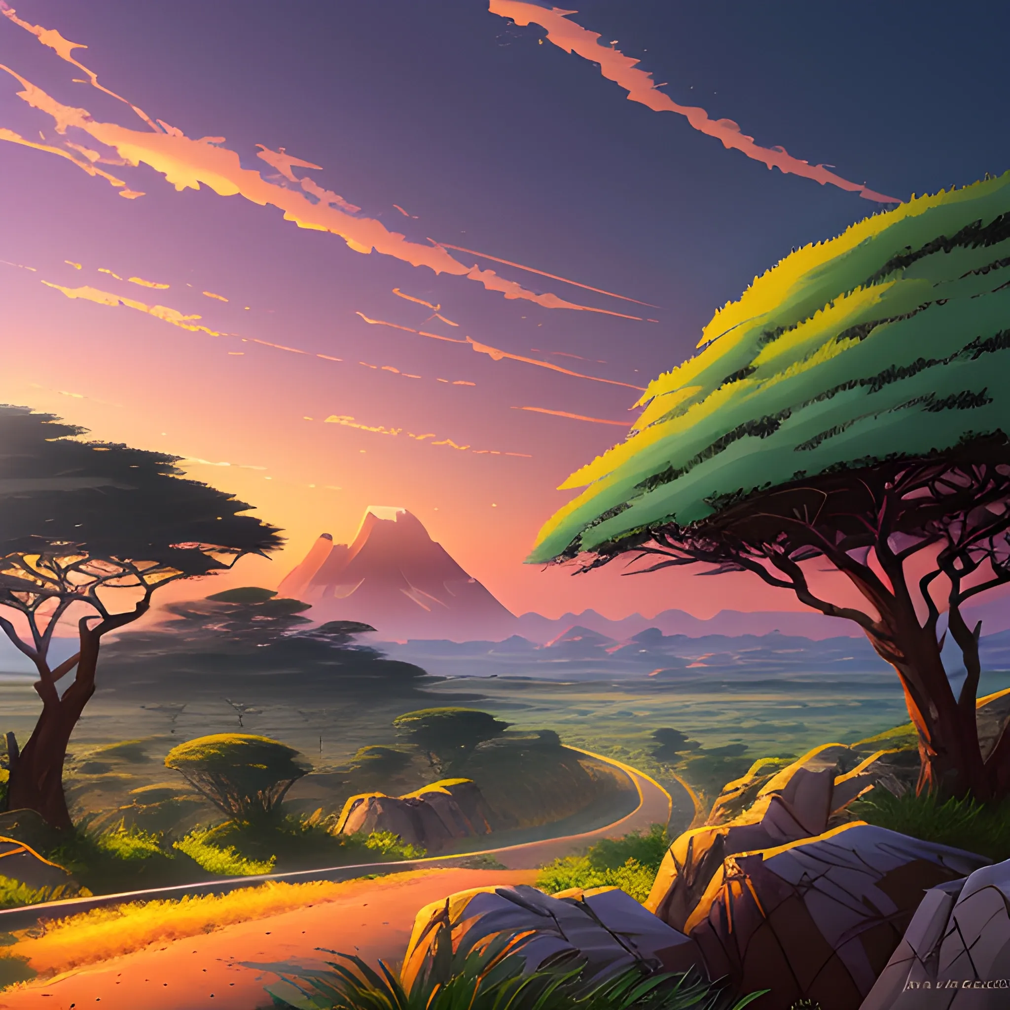 an africa wide landscape with brush, greenery, small road, rocks and a sunset sky... in the style of makoto shinkai and greg rutkowski and albert bierstadt and james gurney, Cartoon