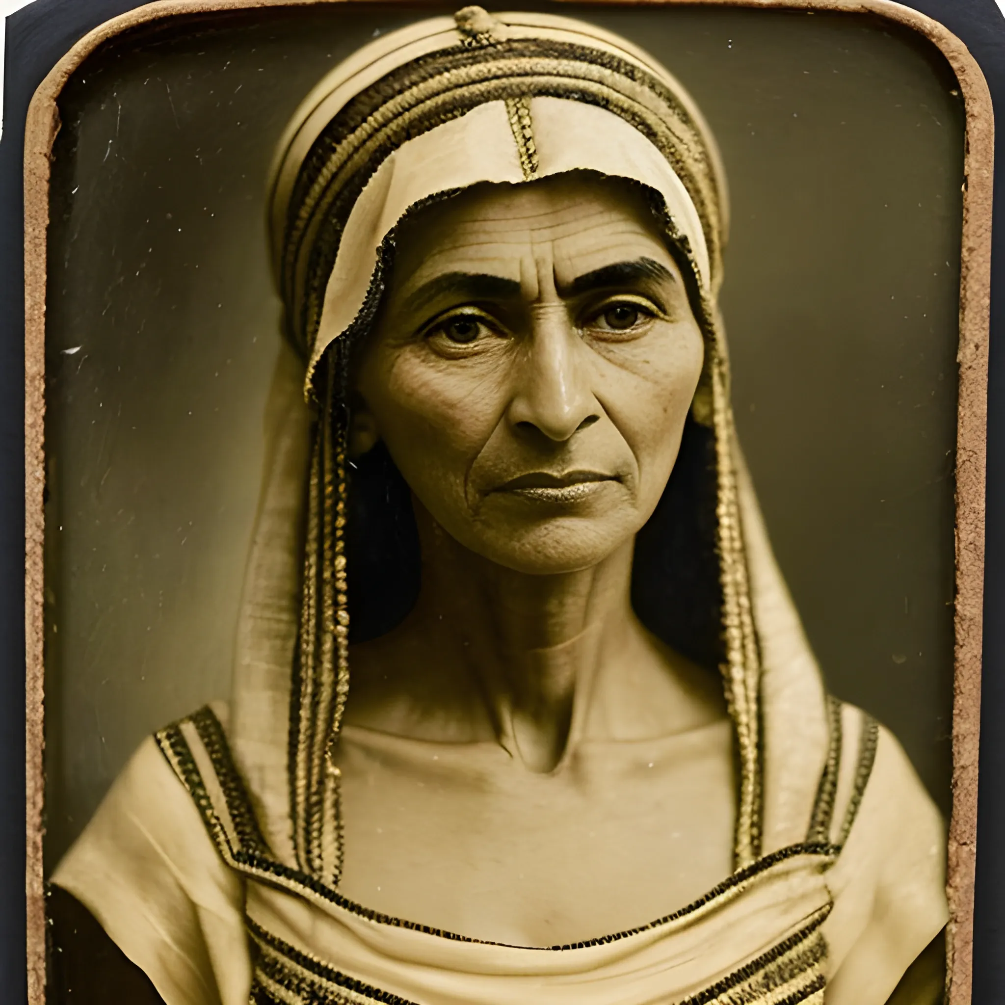 An old, blurred, scratched and dark Daguerreotype or Calotype about an arabian mature woman, 50 y.o, reminiscent of Nefertiti. She has intricately braided hair and bangs that cover her forehead up to her eyebrows. Her slightly tanned skin contrasts beautifully. She wears a translucent linen top and skirt, revealing a subtle hint of her body. The woman gazes intently at the viewer, exuding both happiness and confidence. The background is blurred and depth, uncolored., Oil Painting, Oil Painting