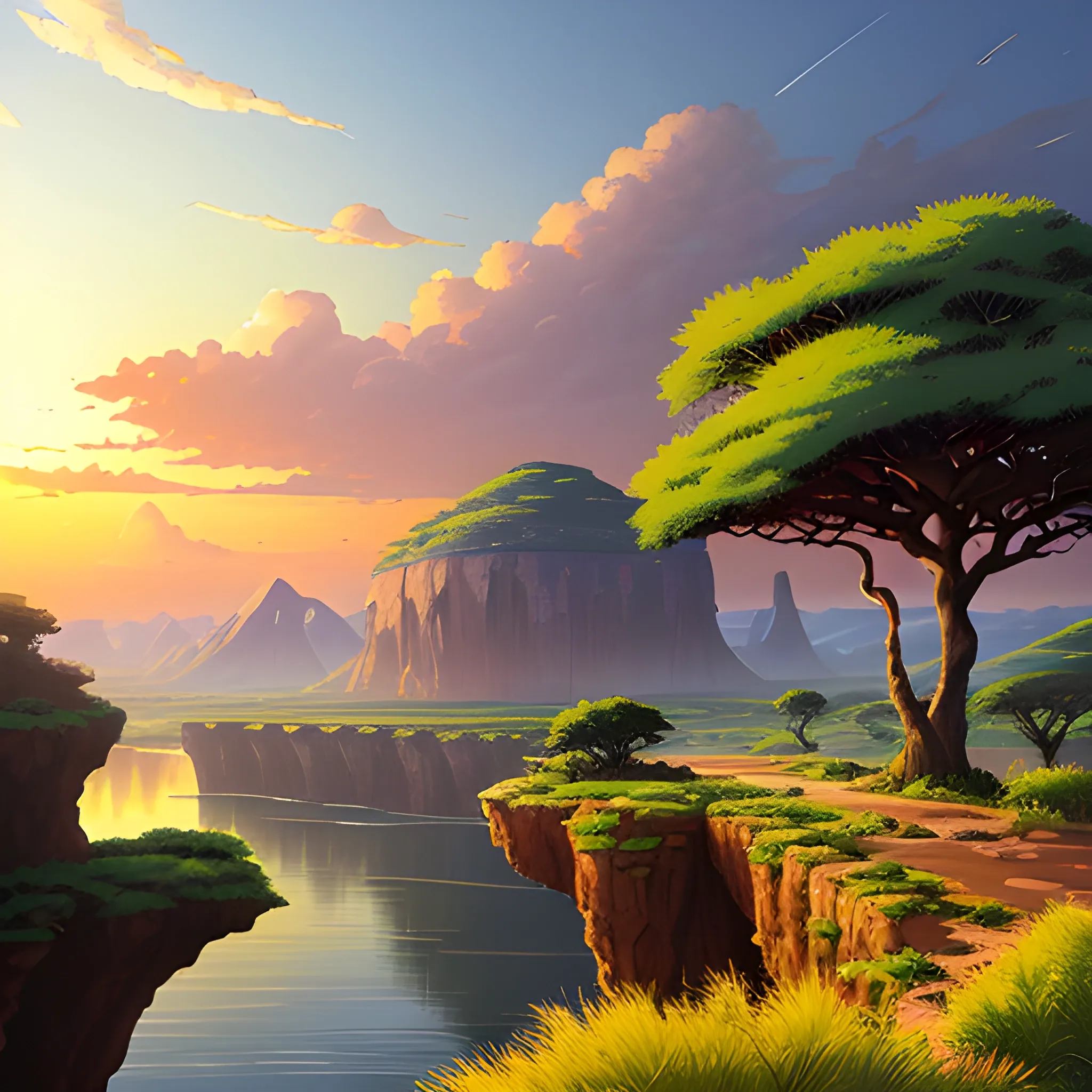 an africa wide landscape with brush, greenery, small road, rocks and a sunset sky... in the style of makoto shinkai and greg rutkowski and albert bierstadt and james gurney, Oil Painting